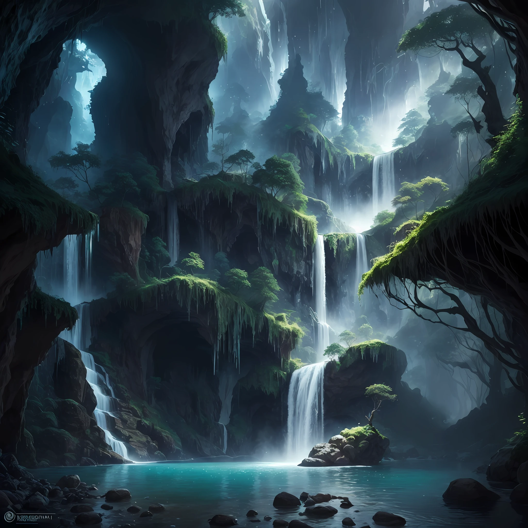 An enchanting and magical waterfall that flows from a hidden cave, with glowing crystals that illuminate the water and create a surreal and otherworldly atmosphere, surrounded by a fantastical landscape of towering trees and mystical creatures, artstation, digital painting, highly detailed, trending, vibrant colors