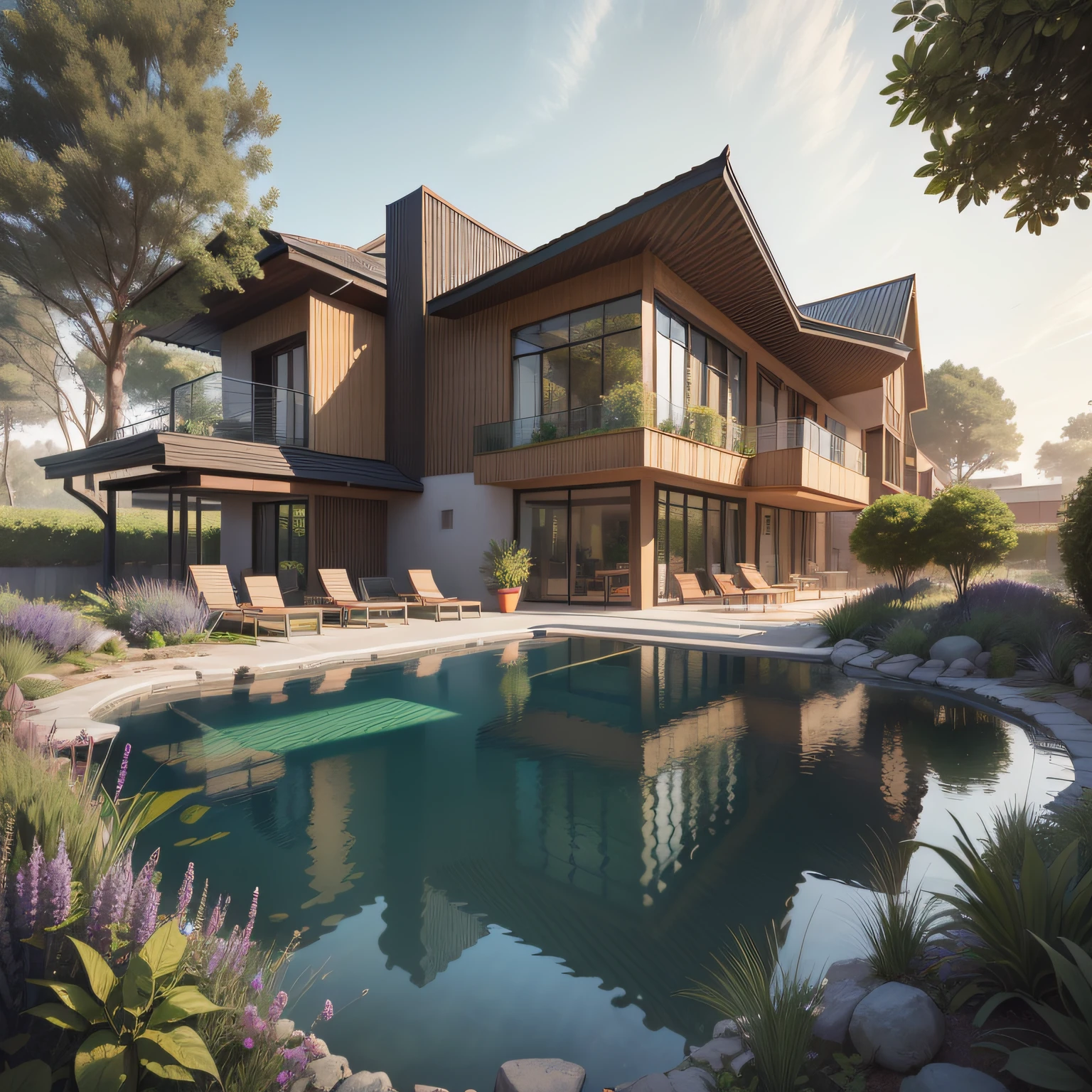 Organic modern architecture on a fairly large plot, from , there is a swimming pool in the middle of a large house of a flower, color of the house in chocolate brown and black beams, large modern residence, flat roofs and garden, render luxcore, render oktane, a photorealistic rendering, architectural rendering, mantra rendering, architectural rendering, realistic rendering, architectural visualization, wellness pool, Architectural visualization, large green zones, with small zones of lavender flowers, green shrubs type lush green garden, as well as small water mirrors, swimming pool embedded in an area of sand, olive and pine trees around the house, paddle court next to the house