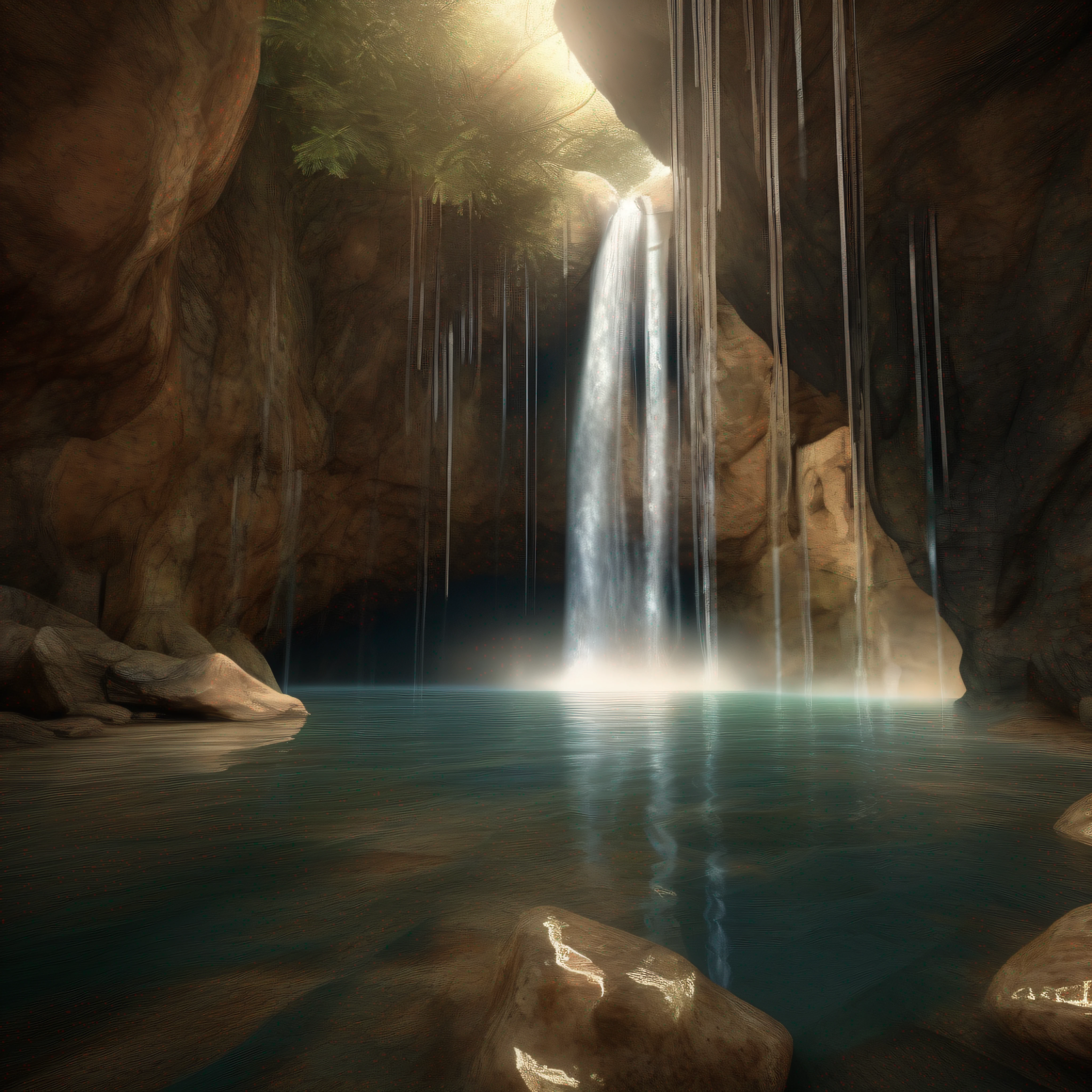 ((best quality)), ((masterpiece)),(realistic), (detailed)(Wide-angle view), (serene),(tranquil), open cave , (sparkling, crystal-clear) water falling from a (tall, jagged) waterfall, Natural, Scenic, Refreshing, Calming, Mystical, Magical, (harmonious, earthy color palette), (smooth, curved lines), (moss-covered rocks), (soft, natural carpet), (sunlight filtering through), (god rays), (sparkling patterns on the cave walls), (majestic and powerful waterfall), (misty atmosphere), detailed background, (lush, green foliage), (birds and insects), morning, Realistic, detailed, (texture and natural beauty), depth and perspective, insanely detailed, , ((masterpiece)), absurdres, HDR,