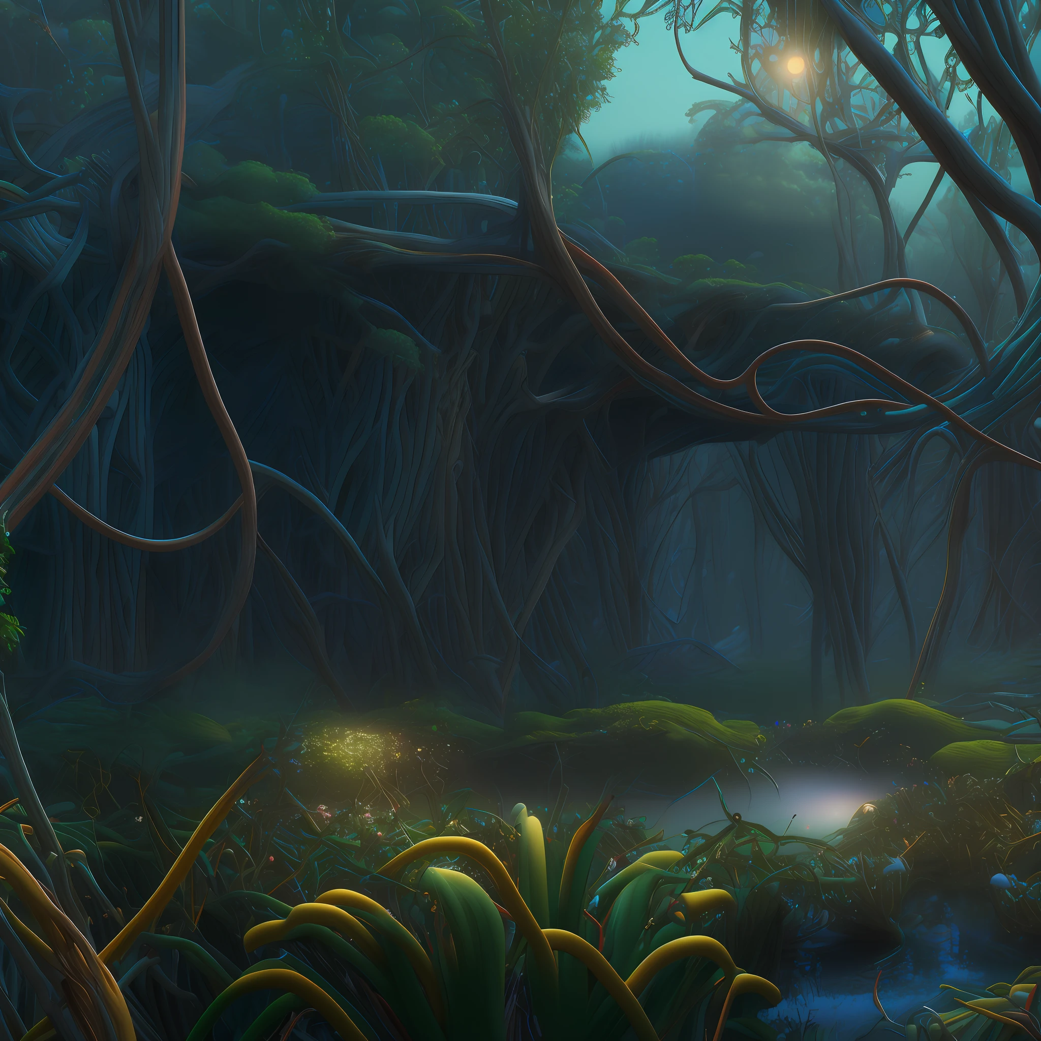 (extremely detailed)CG unity 8k wallpaper，(masterpiece)tmasterpiece，(best quality)Best Picture Quality，(best illumination)Optimal shading，Beautifully displayed in foggy conditions(nature scene)Natural scenes，A lush one(jungles+jungle)，Endless(mangrove+mangrove)，(swamp)The swampy wetlands are vibrant，(dense fog+foggy)A faint mist covers almost the entire picture。