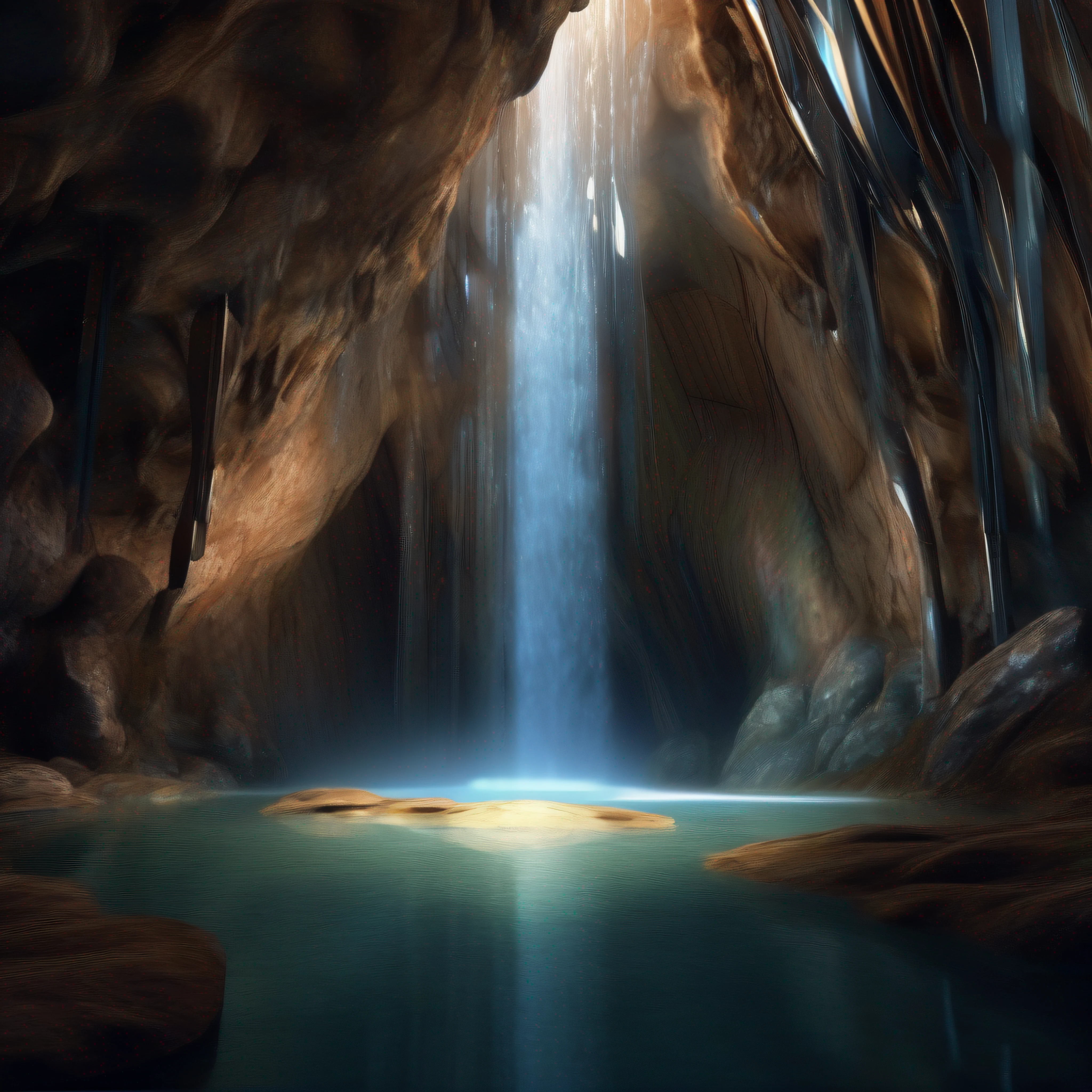 ((best quality)), ((masterpiece)),(realistic), (detailed)(Wide-angle view), (serene),(tranquil), open cave , (sparkling, crystal-clear) water falling from a (tall, jagged) waterfall, Natural, Scenic, Refreshing, Calming, Mystical, Magical, (harmonious, earthy color palette), (smooth, curved lines), (moss-covered rocks), (soft, natural carpet), (sunlight filtering through), (god rays), (sparkling patterns on the cave walls), (majestic and powerful waterfall), (misty atmosphere), detailed background, (lush, green foliage), (birds and insects), morning, Realistic, detailed, (texture and natural beauty), depth and perspective, insanely detailed, , ((masterpiece)), absurdres, HDR,