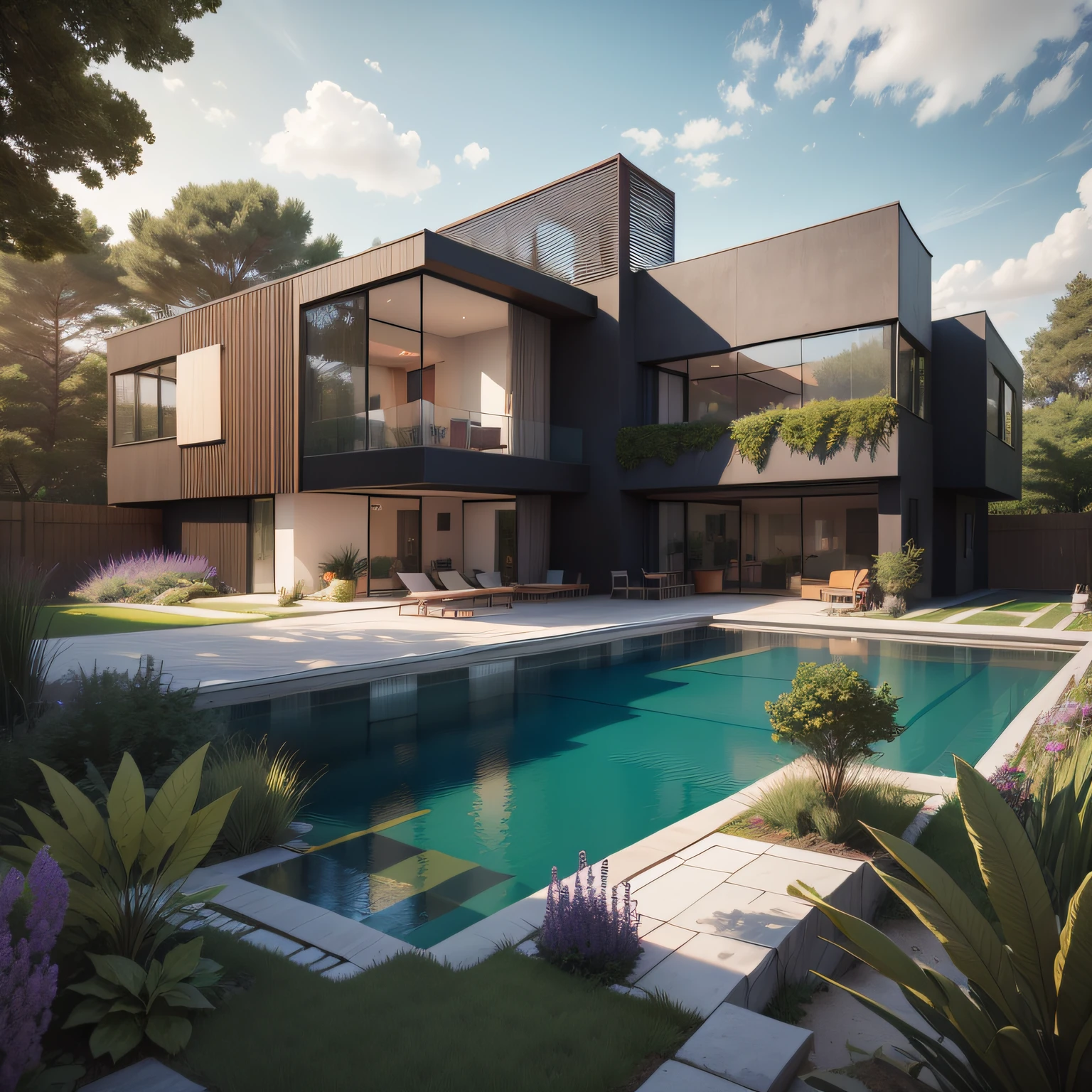 Organic modern architecture on a fairly large plot, from , there is a swimming pool in the middle of a large house of a flower, color of the house in chocolate brown and black beams, large modern residence, flat roofs and garden, render luxcore, render oktane, a photorealistic rendering, architectural rendering, mantra rendering, architectural rendering, realistic rendering, architectural visualization, wellness pool,  Architectural visualization, large green zones, with small zones of lavender flowers, green shrubs type lush green garden, as well as small water mirrors, swimming pool embedded in an area of sand, olive and pine trees around the house, paddle court next to the house