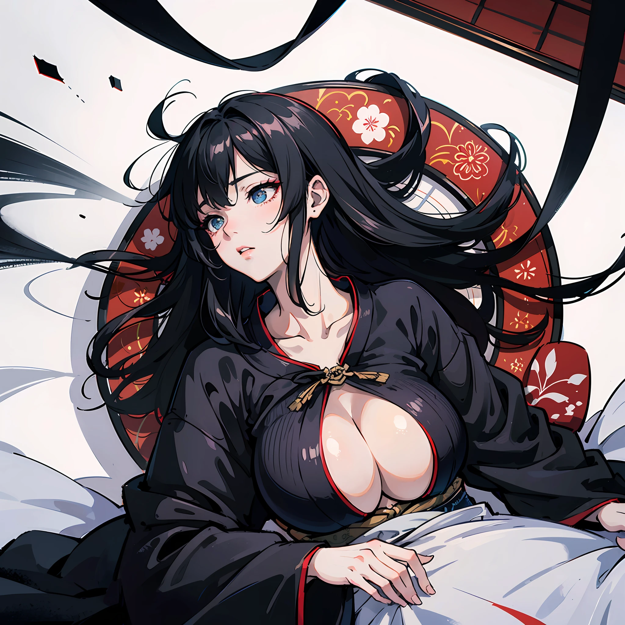 from above, supine, lie down, high resolution, highest quality, super high quality, super detail, ultra realistic, photorealistic, anime, illustration, Northern Renaissance style, super beautiful woman, sharp slit eyes, mysterious, enchanting, black long hair, huge breasts, disturbance, black kimono, Japanese room --auto