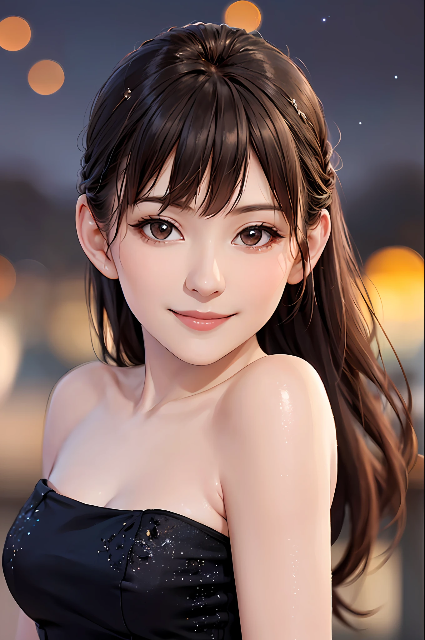 1girl, (looking at viewer),  (bokeh:1.1), closed mouth,light smile, realistic, meditation,starry sky,night, strapless dress,
skirt,wavy hair,
best quality, (photorealistic:1.4), ultra highres, style-bridal
