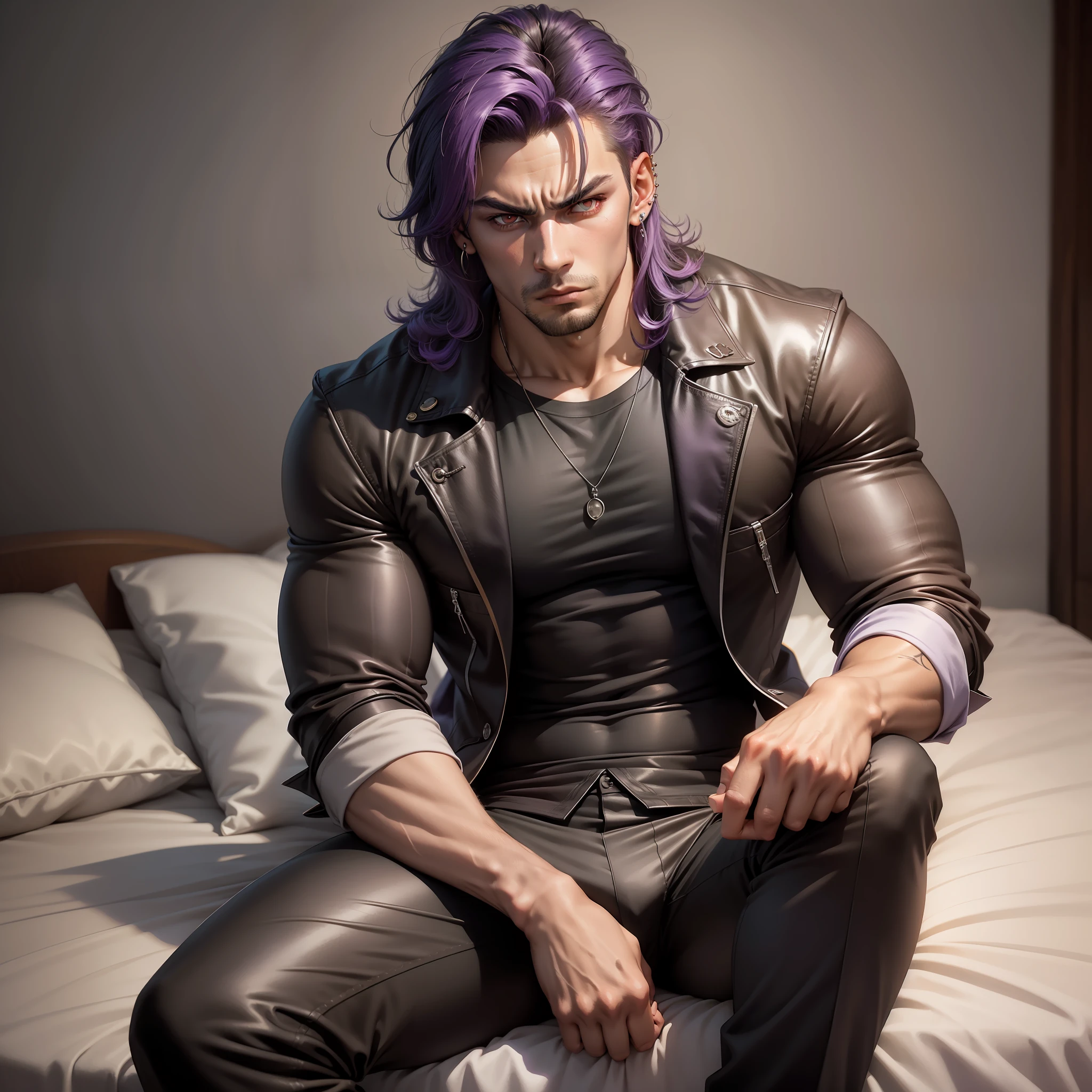 Handsome man, red eyes, angry look, dark brown skin, handsome male, sitting on bed, long sleeve shirt, purple hair, detailed body, detailed hands, bulge in pants, arrogant expression, looking straight, black shirt, nighfall, ear piercings, black pajamas