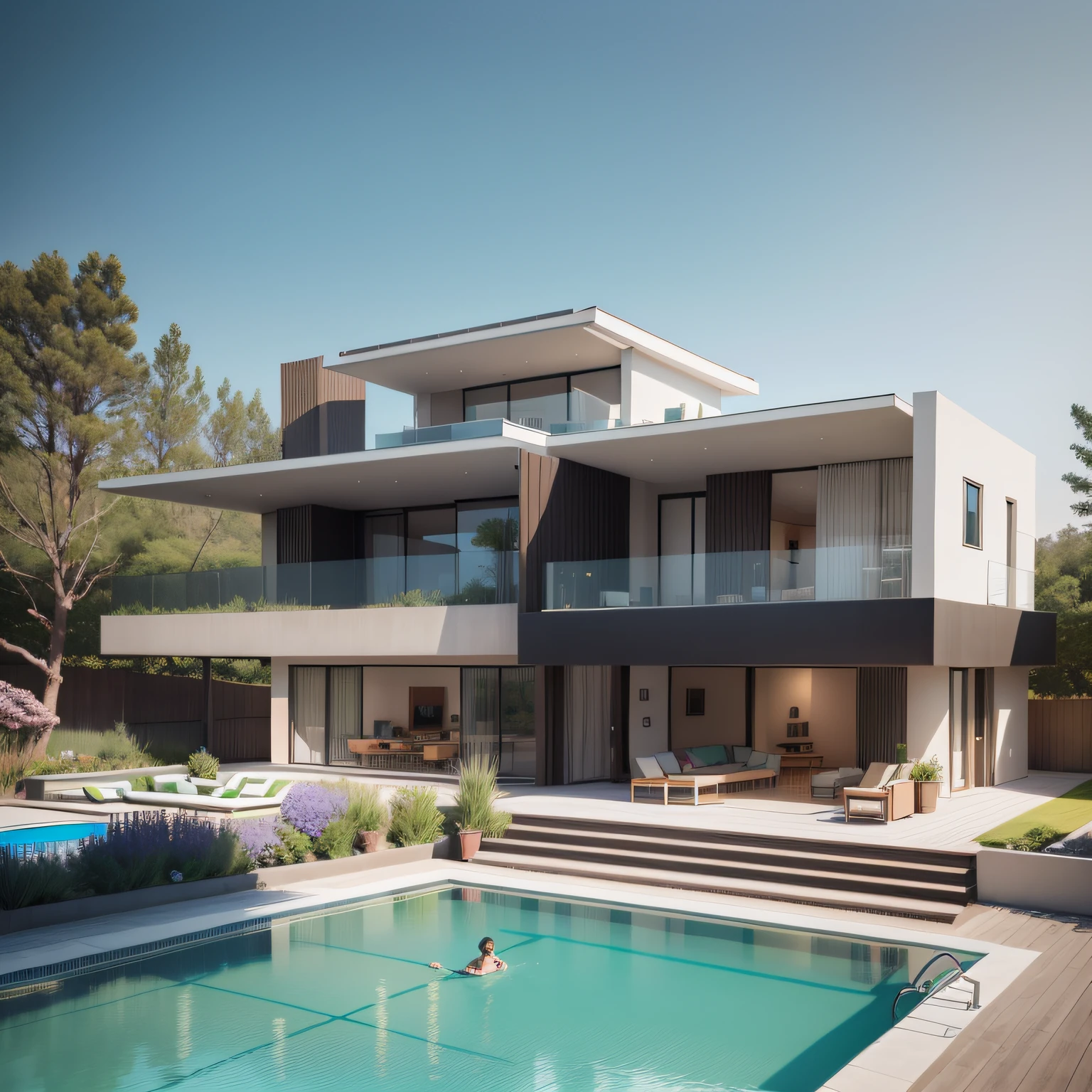 Organic modern architecture on a fairly large plot, from , there is a swimming pool in the middle of a large house of a flower, color of the house in chocolate brown and black beams, large modern residence, flat roofs and garden, render luxcore, render oktane, a photorealistic rendering, architectural rendering, mantra rendering, architectural rendering, realistic rendering, architectural visualization, wellness pool, Architectural visualization, large green zones, with small zones of lavender flowers, green shrubs type lush green garden, as well as small water mirrors, swimming pool embedded in an area of sand, olive and pine trees around the house, paddle court next to the house