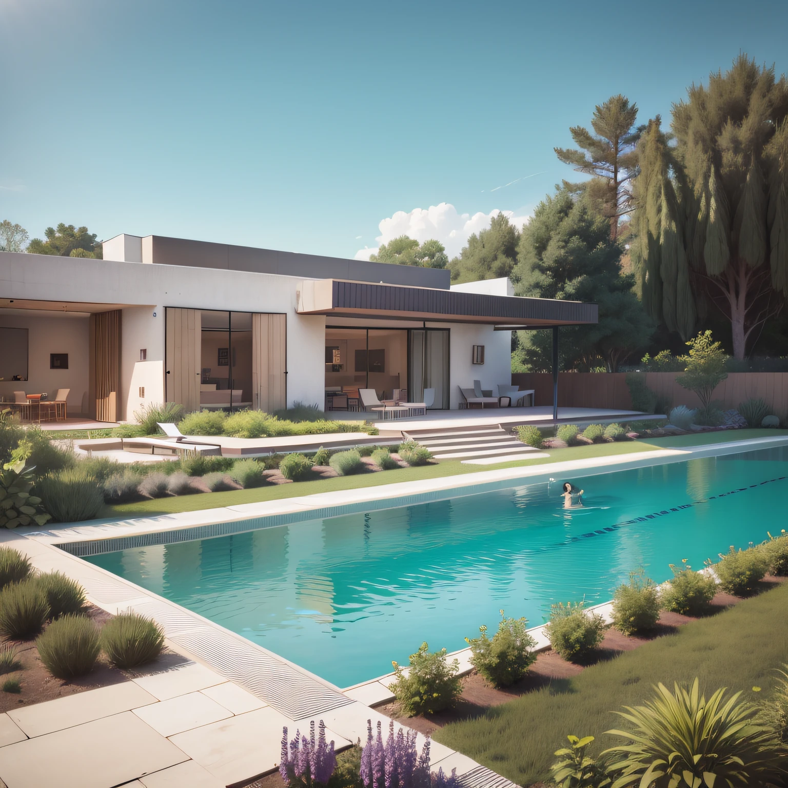Organic modern architecture on a fairly large plot, from , there is a swimming pool in the middle of a large house of a flower, color of the house in chocolate brown and black beams, large modern residence, flat roofs and garden, render luxcore, render oktane, a photorealistic rendering, architectural rendering, mantra rendering, architectural rendering, realistic rendering, architectural visualization, wellness pool, Architectural visualization, large green zones, with small zones of lavender flowers, green shrubs type lush green garden, as well as small water mirrors, swimming pool embedded in an area of sand, olive and pine trees around the house, paddle court next to the house