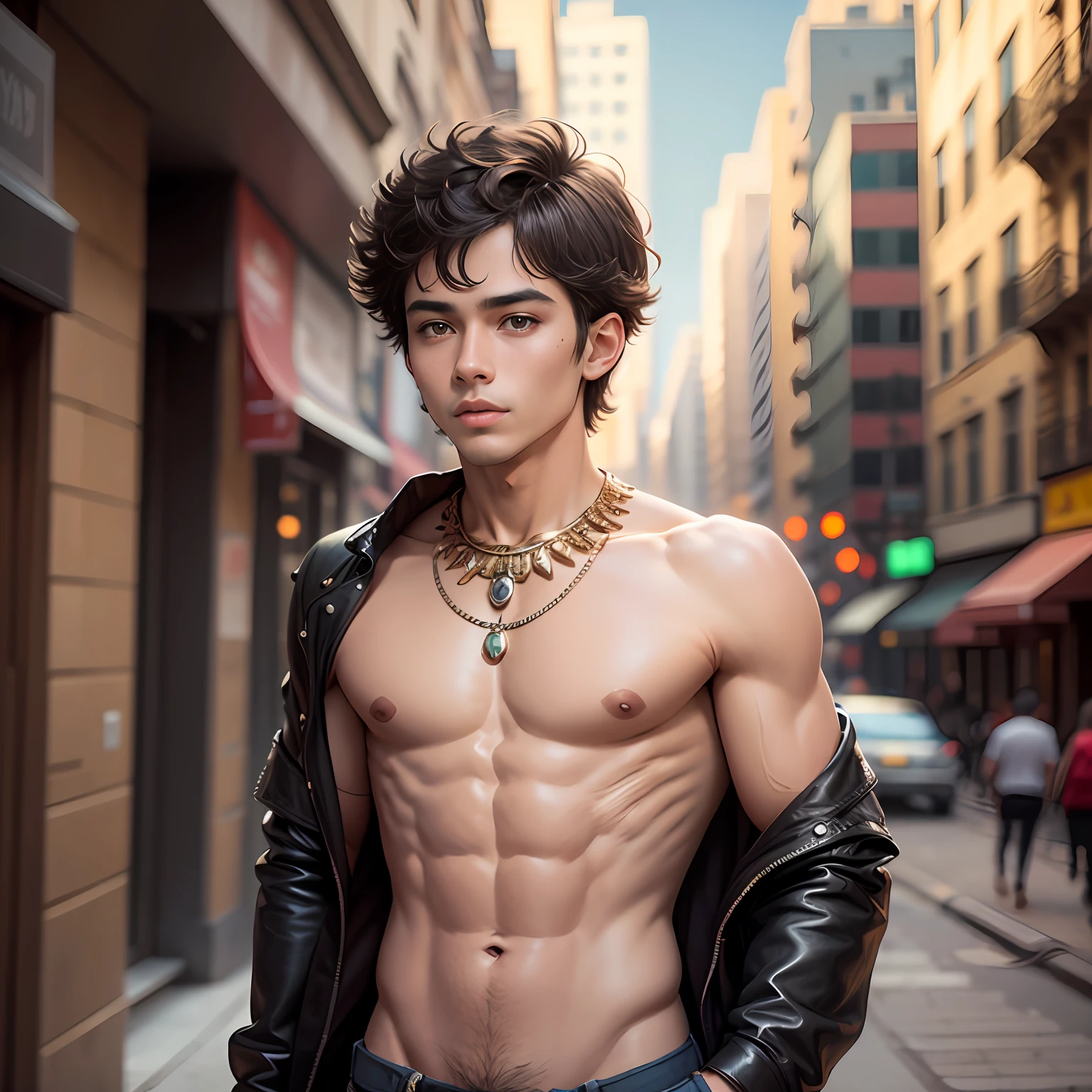 Shirtless male 15-year-old boy , joyas del antiguo egipto, de perfil caminando con piel bronceada Cabello negro oscuro liso semicorto, sin camisa dorso y espalda descubierta ,, desnudo trae traje y joyas tipico egipcio camina curioso y desorientado por una ciudad moderna parecida a new york