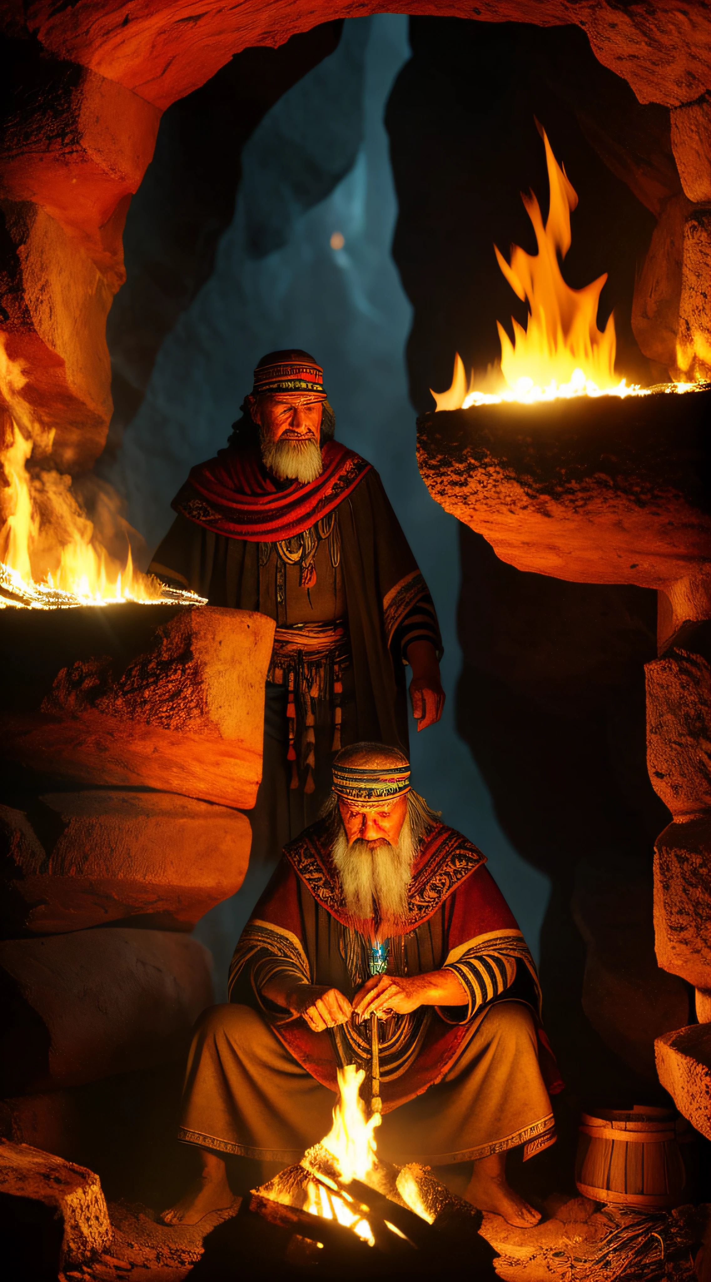 old shaman man looking at fire logs, inside a cave mystic, cave background, photorealistic , detailed --auto
