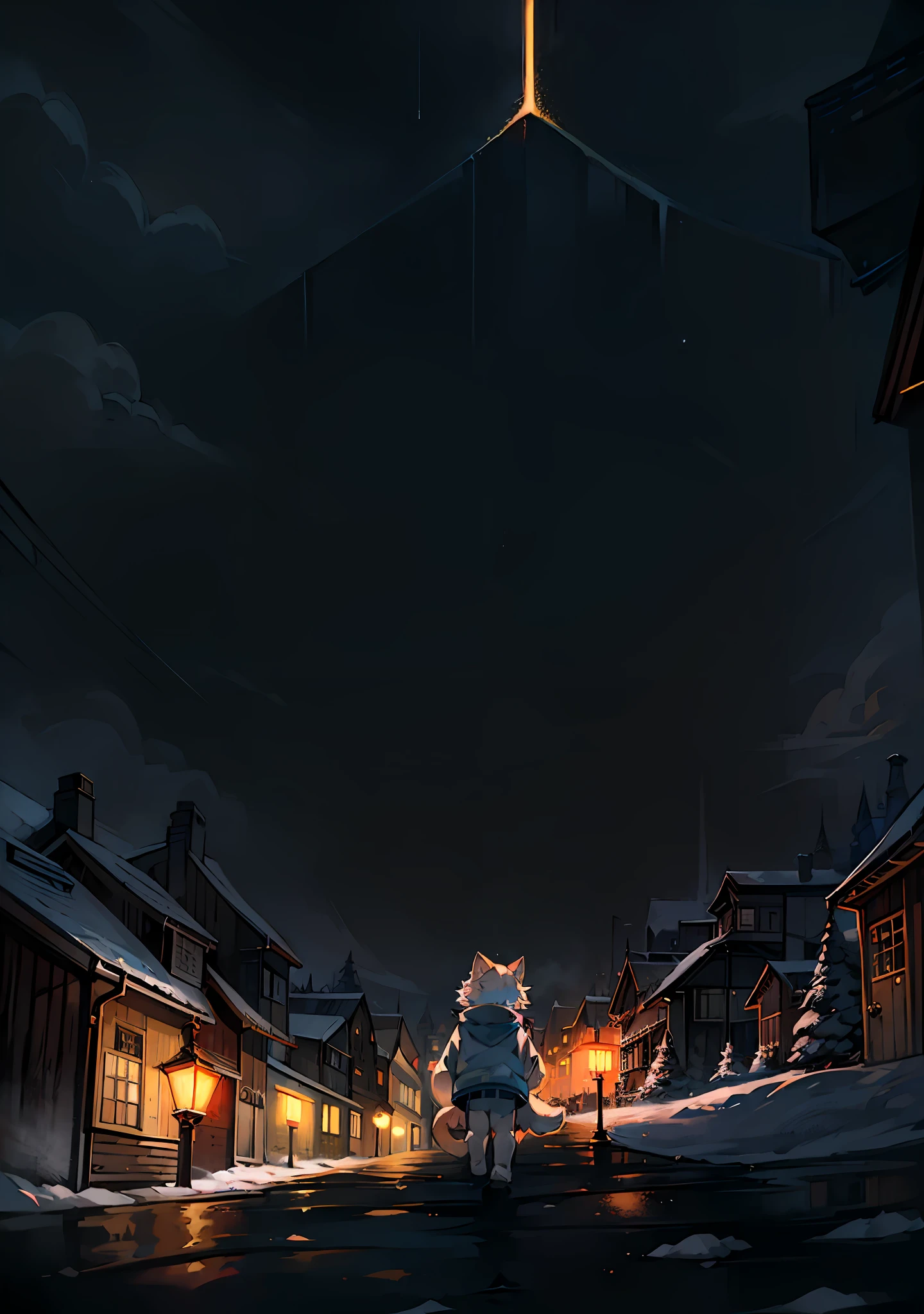 Masterpiece,High quality,abstract res,Digital painting\(artwork of a\), by D, Yupa,Kiyosan,(anthro,Fluffy fur,Character focus:1.1),anthro male cat,Short hair,eyes with brightness, in a panoramic view, Character focus.(detailedbackground:0.7), 独奏, shaggy, shaggy male, Full Body Furry, Fluffy tail, White fur, blue color eyes, Warm hair:1.2), long canines，Gold pattern，城市，lamplight，neonlight，tall house，Roof，View of the Arad fields overlooking the village，，Fantastic town， villages，Amazing wallpapers，Nordic scene，snowfield, Well-lit building, In the evening in the rain, Beautiful and aesthetic, photography of, cinematic ligh, 8K, high detal