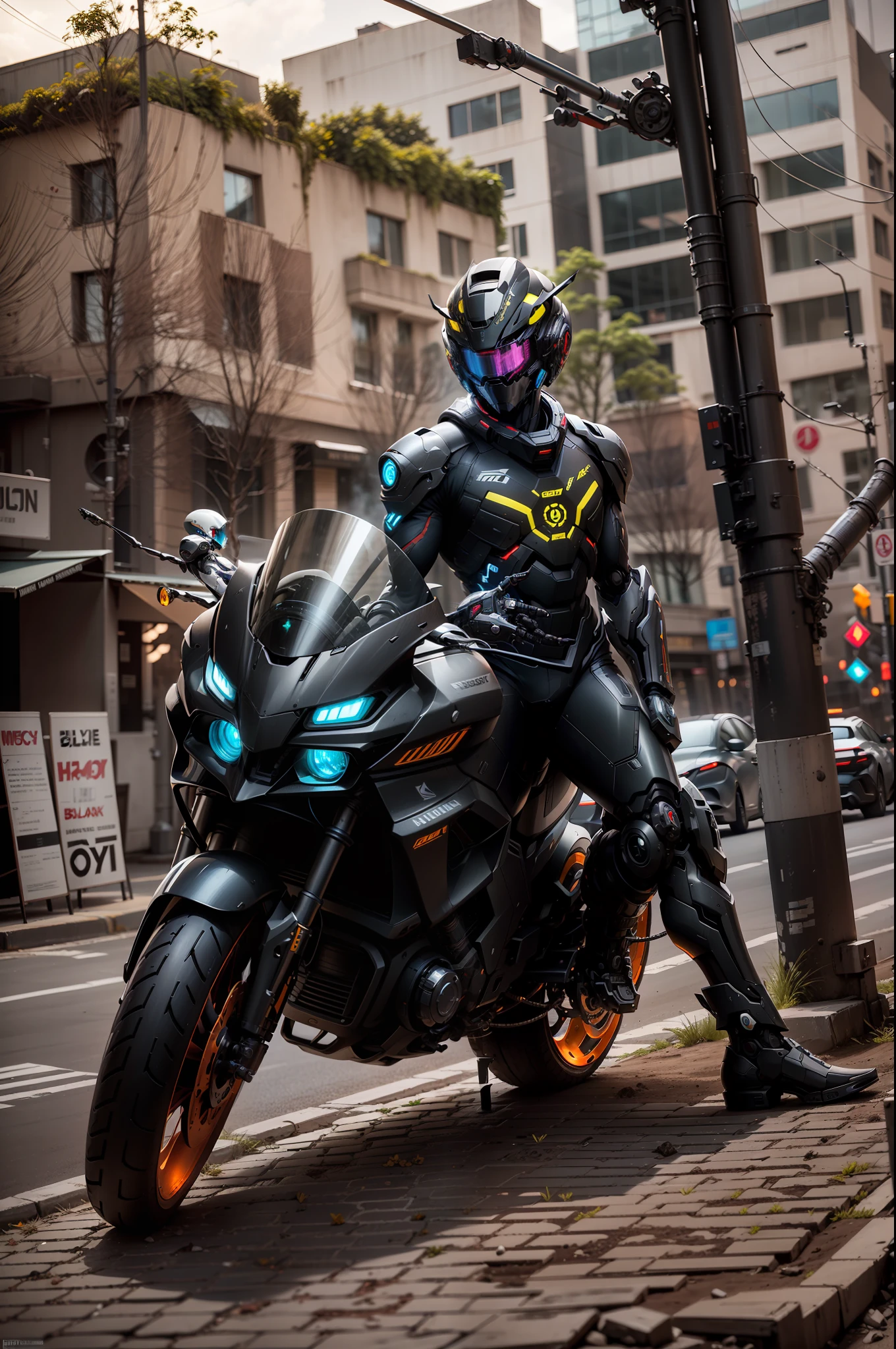 Handsome full body black mecha white short hair cyber handsome warrior, black cyber mechanical motorcycle, high-tech black full surround helmet, white short hair, Nousr, biomechanics, MSHN robot man, high-tech helmet, surreal, steel, complex design, crazy details, fine details, extremely clear lines, cinematic lighting, photo realism, detailed masterpiece
