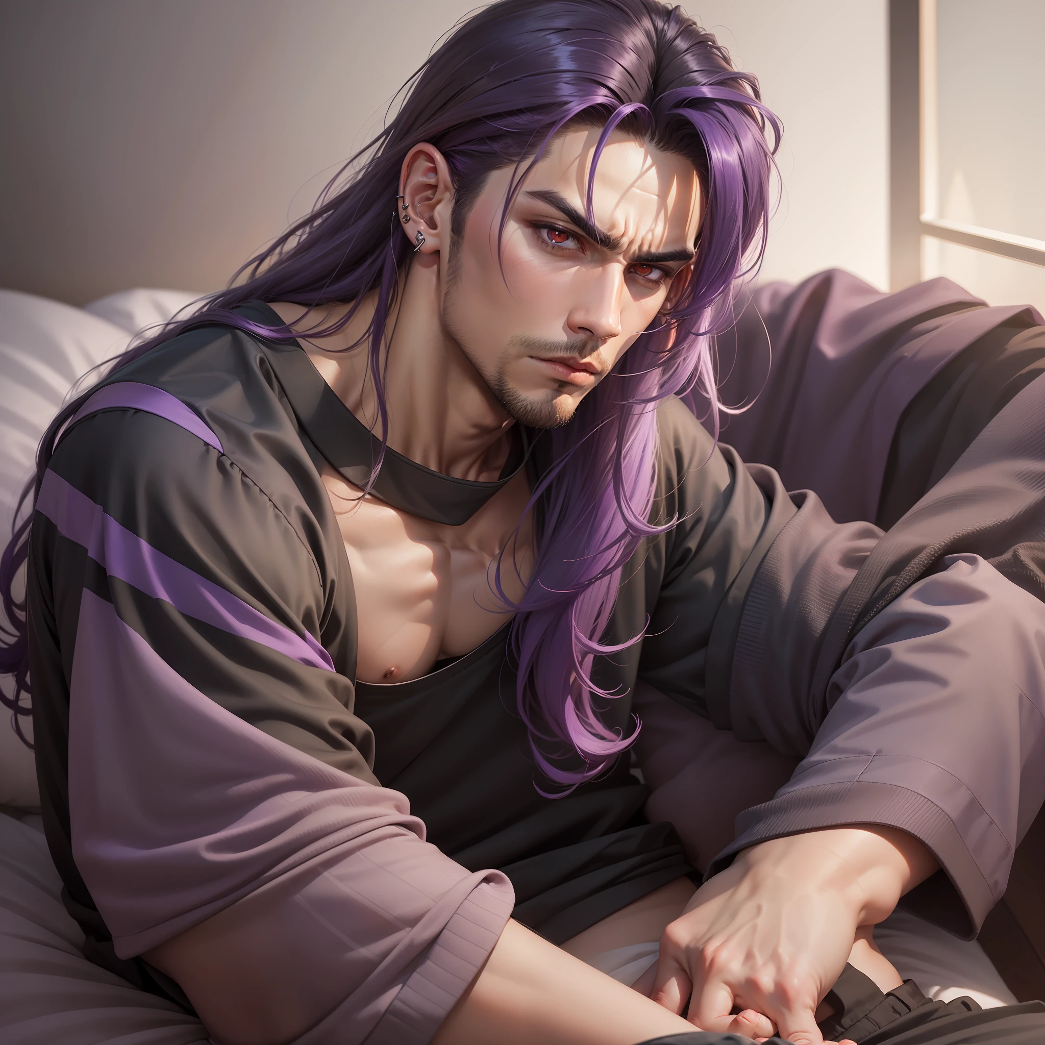 Handsome man, red eyes, angry look, dark brown skin, handsome male, sitting on bed, long sleeve shirt, purple hair, detailed body, detailed hands, bulge in pants, arrogant expression, looking straight, black shirt, nighfall, ear piercings, black pajamas