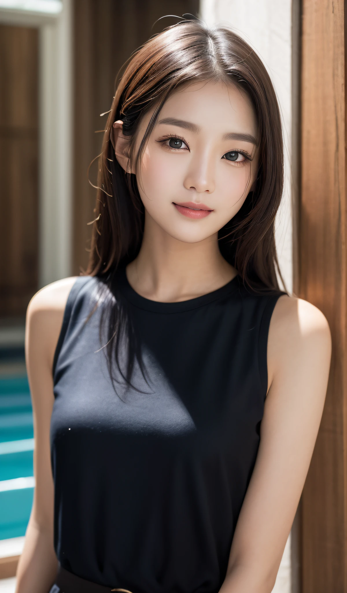 ((best qualtiy、8k masterpieces:1.3))、foco nítido:1.2、(ultra beautiful faces:1.0)、(Slender Abs Beauty:1.0)、(shinny skin:1.0)、photos realistic、A dark-haired、Video Lighting、High-definition eyes and face、Video Lighting、(cowboy shot:1.3)、swim wears、(Korean Cute Actress)、from the front side、medium large breasts、A slight smile、Sleeveless