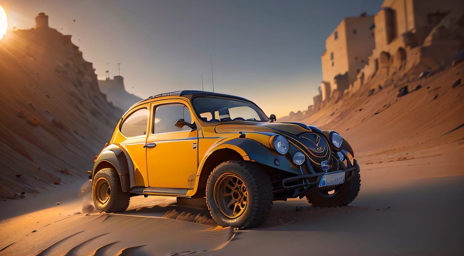 Fusca raly, pneus grandes para andar na areia do deserto do saara, ao fundo um por do sol, uma mulher olhando para o por do sol 8k --auto