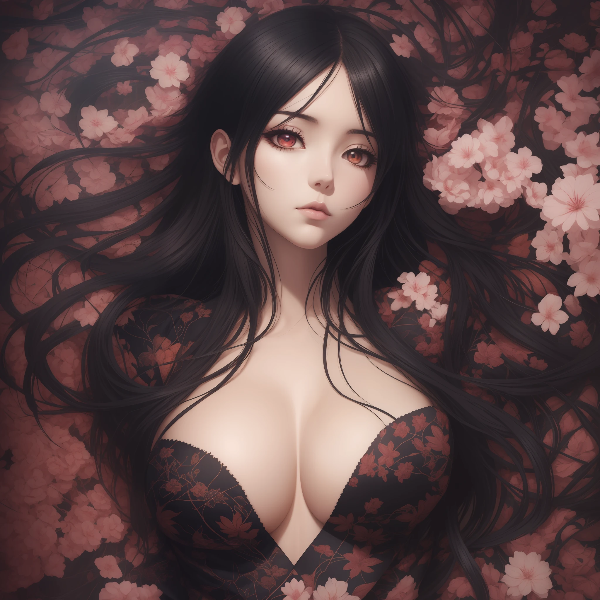 from above, supine, lie down, high resolution, highest quality, super high quality, super detail, ultra realistic, photorealistic, anime, illustration, Northern Renaissance style, super beautiful woman, sharp slit eyes, mysterious, enchanting, black long hair, huge breasts, disturbance, black kimono, Japanese room