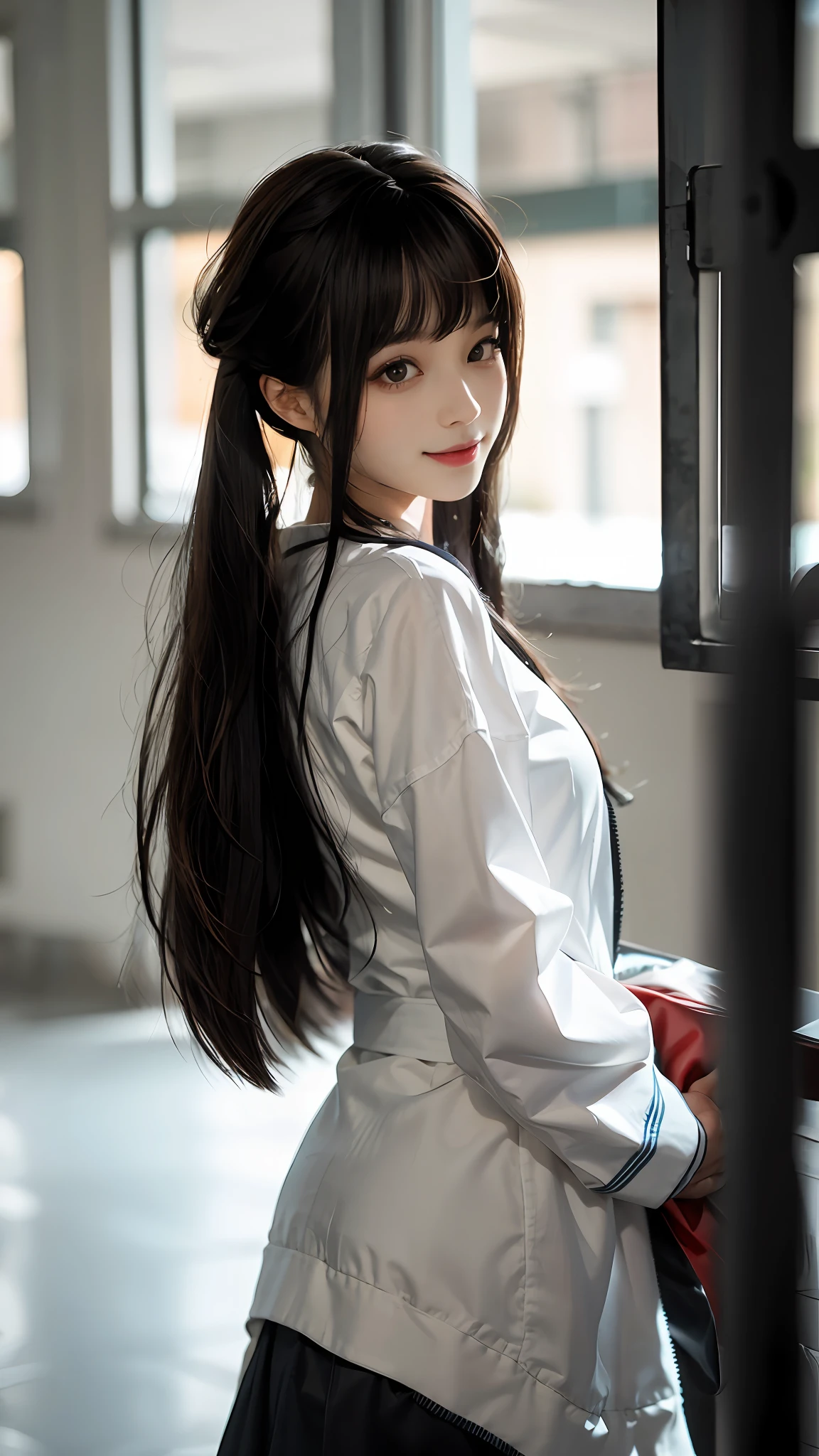 CHUNMOMO, 1girl, solo, realistic, smile, looking at viewer, blurry, black eyes, black hair, bangs, long hair, day, blunt bangs,