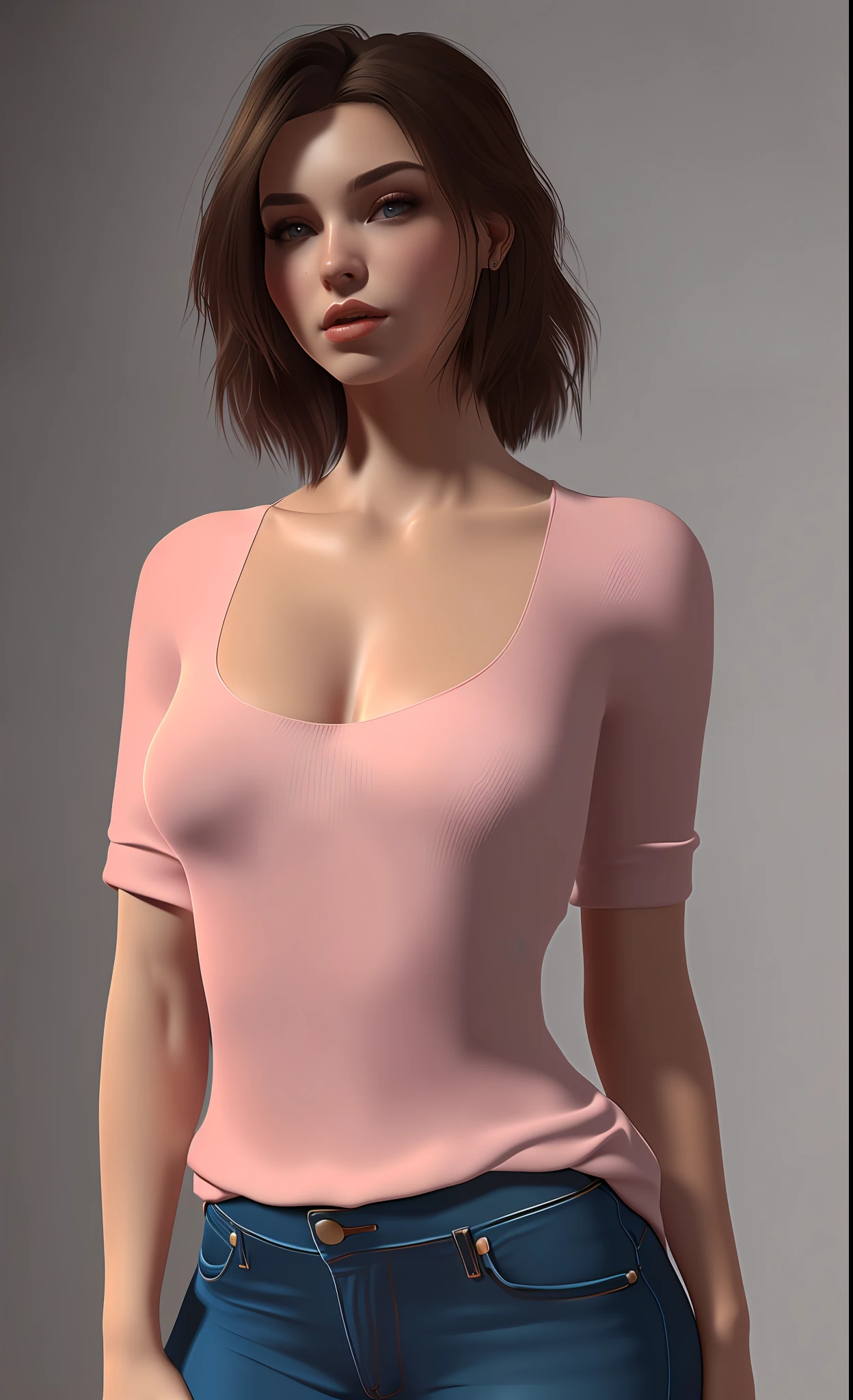 A stunningly beautiful woman, dressed in tight jeans that accentuate her feminine form and a tight blue blouse which accentuates her feminine form, brunette, jeans, pink bacground, suntanned, sharp face, perfect face, stunningly rapturously gorgeous, immensely attractive, extremely appealing, obviously flirty and playful, digital painting, digital illustration, extreme detail, digital art, 4k, hyperrealism, trending on artstation, polished, beautiful, radiant, synesthesia, vibrant, photorealistic, 8k ultra hd, unreal engine 5