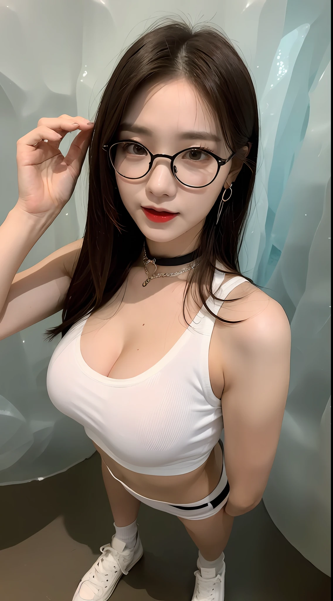 ((midnight, Need, 8K, tmasterpiece:1.3)), A whole body, Full body like,Long legs, Focalors:1.2, Plump body,standing on your feet,perfect figure beautiful woman:1.4,((Dark brown hair, huge tit:1.2 )), (Low-cut white T-shirt, Deep VT shirt,Silk stockings,short skirt,Deep grooves,White sneakers), ((ice cave, Ice World,Oyuki)),lots of people,Highly detailed facial and skin texture, A detailed eye, 二重まぶた,wears glasses,crisp breasts,Smile with,Bigger breasts, bob hair,crisp breasts,Get wet,Sweat profusely,Red lips,Hot dance,Large bust,huge tit,wearing a choker,Wear earrings,Noble beauty,