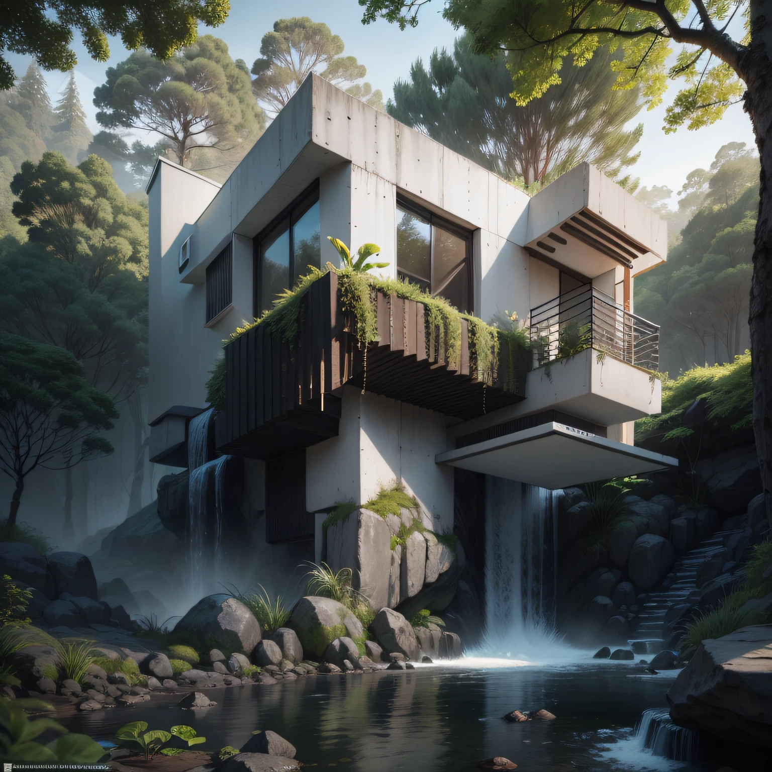 Uma cachoeira em frente a uma moderna casa de concreto branco e preto, na floresta, A hyper-ealist rendering, 8k, digital hiperealista, Modernismo, biomorphic