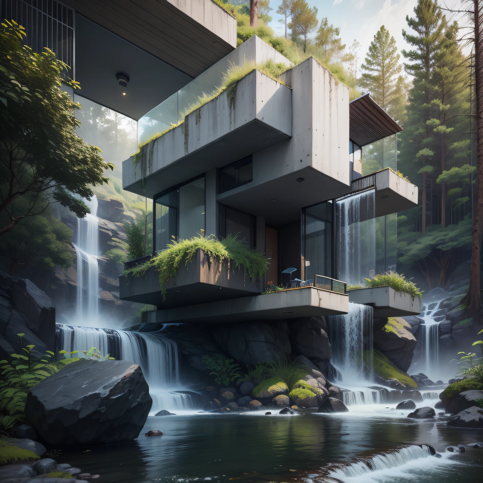 Uma cachoeira em frente a uma moderna casa de concreto branco e preto, na floresta, A hyper-ealist rendering, 8k, digital hiperealista, Modernismo, biomorphic