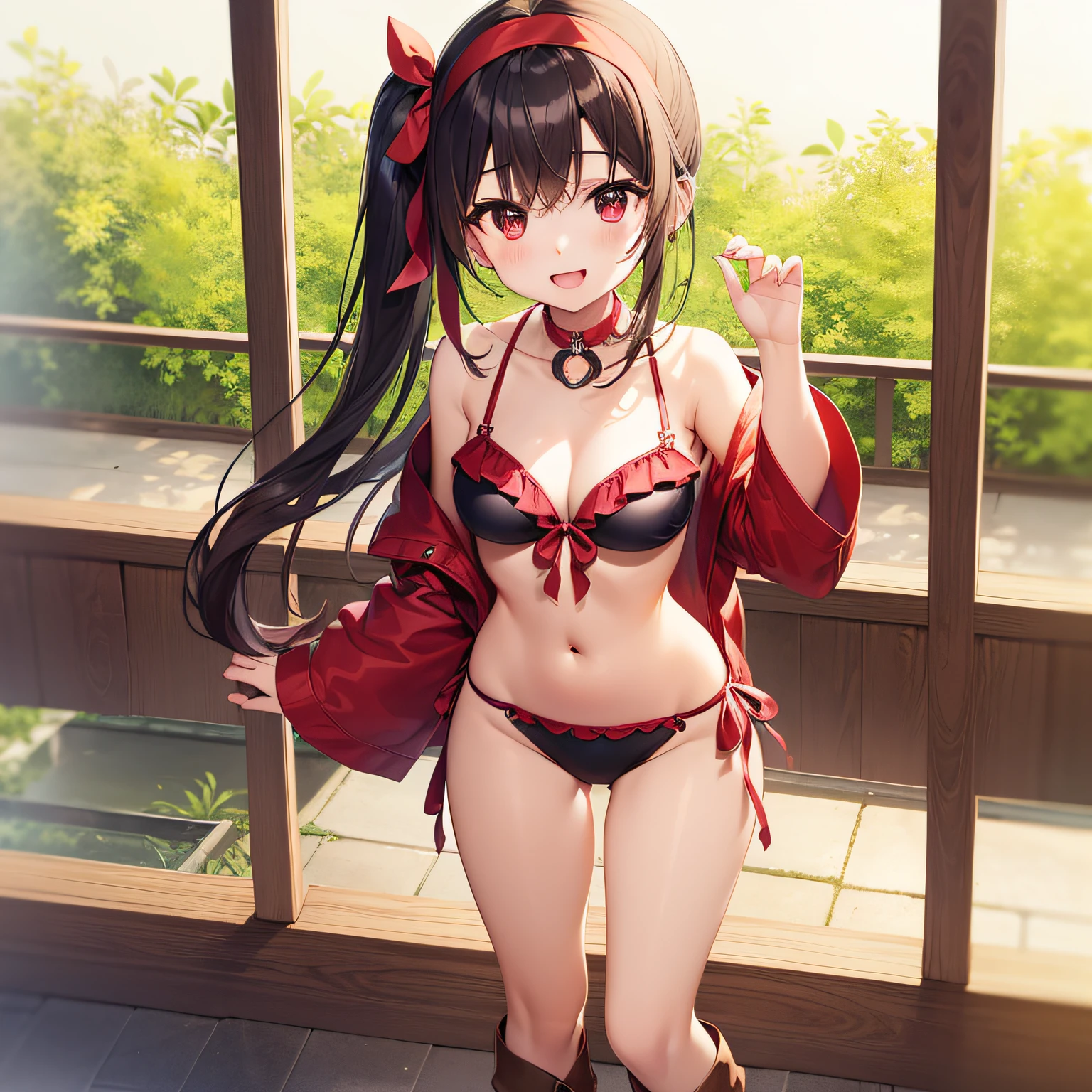 top-quality、extremely delicate and beautiful、（One Person）、Girly、Girly、、(Dark hair)、(maikurobikini)、((poneyTail))、(red hairband)、(Brown boots)、Red Eyes、Standing、A smile、