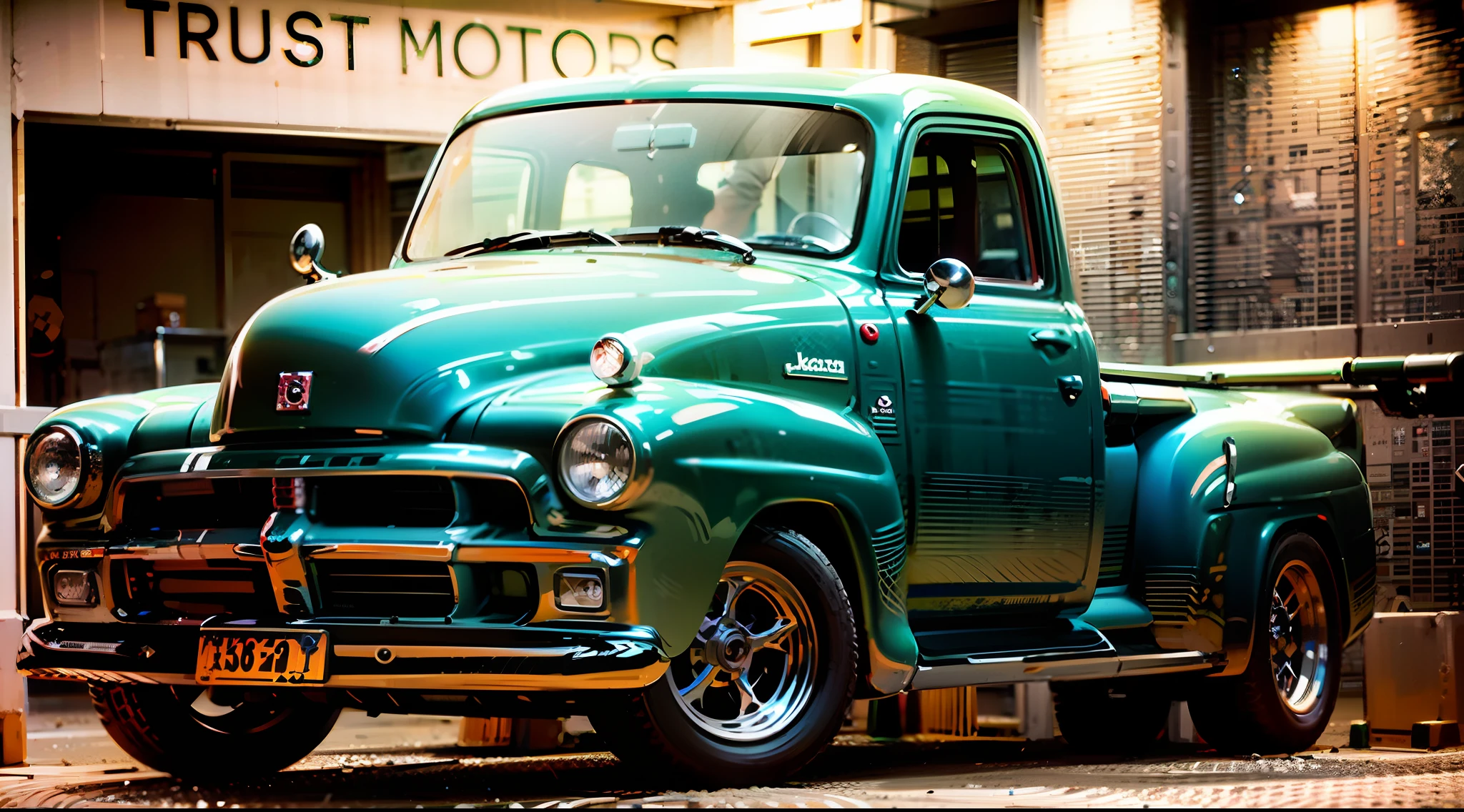 There's an orange truck parked in a garage with a sign above it, Restomod, 1954, 1 9 5 4, classic cars, Foto de perfil frontal, classic chrome, insanamente detalhado c 10.0, tonalidade laranja, 1951, 4 0 9 6, crisp smooth lines, 1952, looking regal and classic