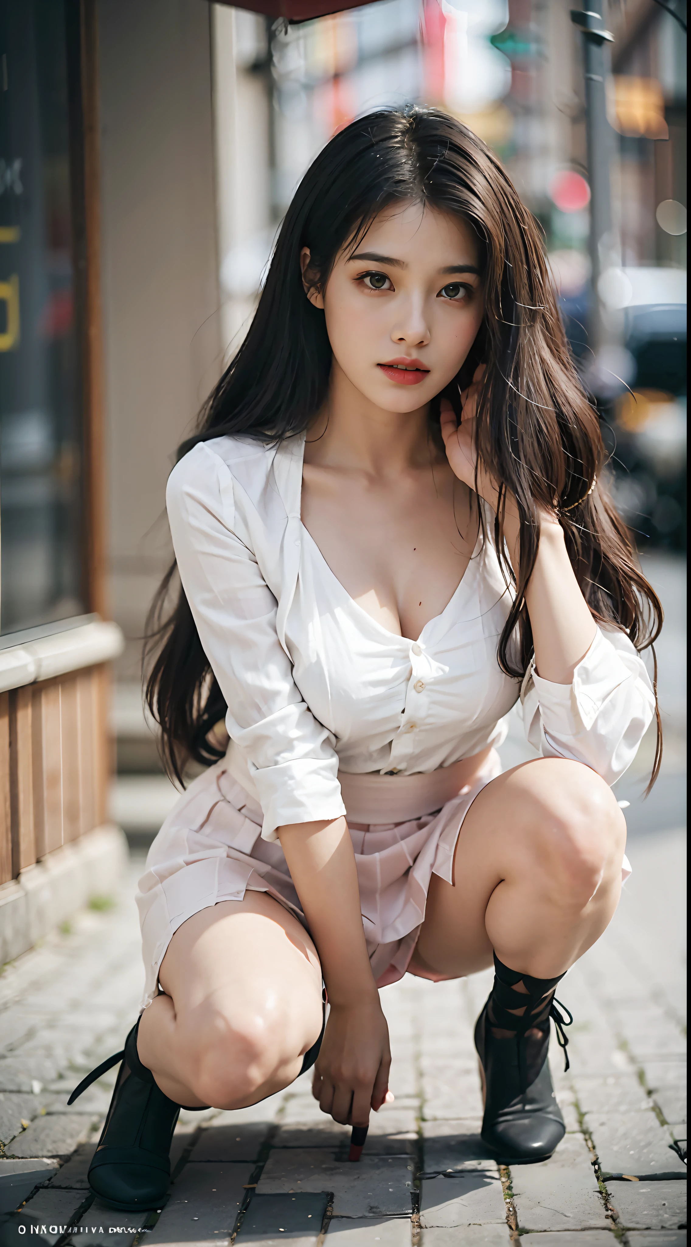 Thin leg，leotard skirt，knees at 90 degrees，high-heels，kneeling down，RAW photos，8K，HighestQuali， 超高分辨率，Beautiful face details，Real human skin，Gentle expression，up front view，From the angle below，long whitr hair，short  skirt，Squatting deep in the city，cute female student，Surreal high school girl，Super detailed face，Detailed lips，Detailed eyes，二重まぶた，Sexy low-neck dress，to emphasize，opening，Hanging chest，side pose，visible curves