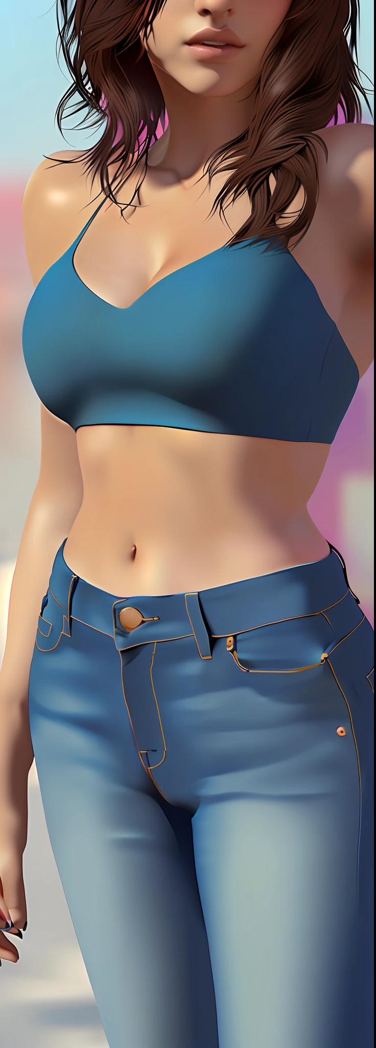 A stunningly beautiful woman, dressed in tight jeans that accentuate her feminine form and a tight blue blouse which accentuates her feminine form, brunette, jeans, suntanned, sharp face, perfect face, stunningly rapturously gorgeous, immensely attractive, extremely appealing, obviously flirty and playful, digital painting, digital illustration, extreme detail, digital art, 4k, hyperrealism, trending on artstation, polished, beautiful, radiant, synesthesia, vibrant, photorealistic, 8k ultra hd, unreal engine 5