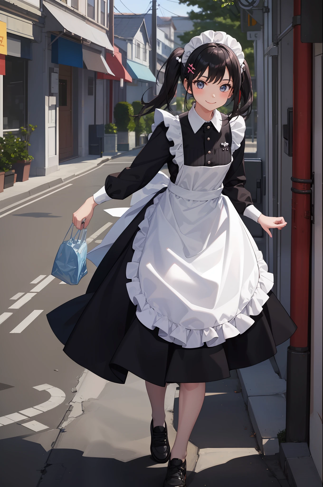 1 girl, smiling, skirt, (small) chillerism, dress, apron,,,,,,、 maid,,,,,,,,、 hair ornament, running briskly,