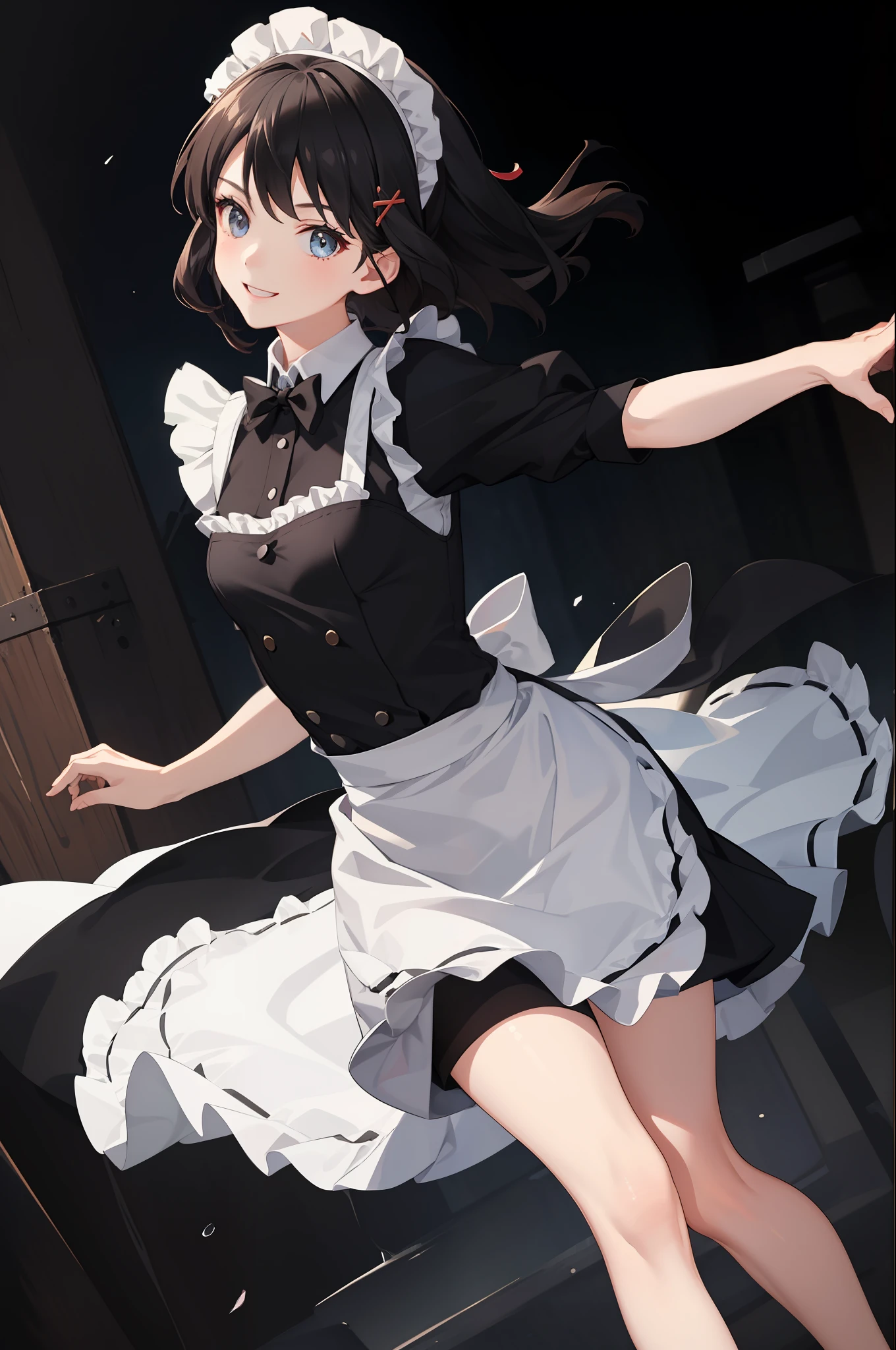 1 girl, smiling, skirt, (small) chillerism, dress, apron,,,,,,、 maid,,,,,,,,、 hair ornament, running briskly,