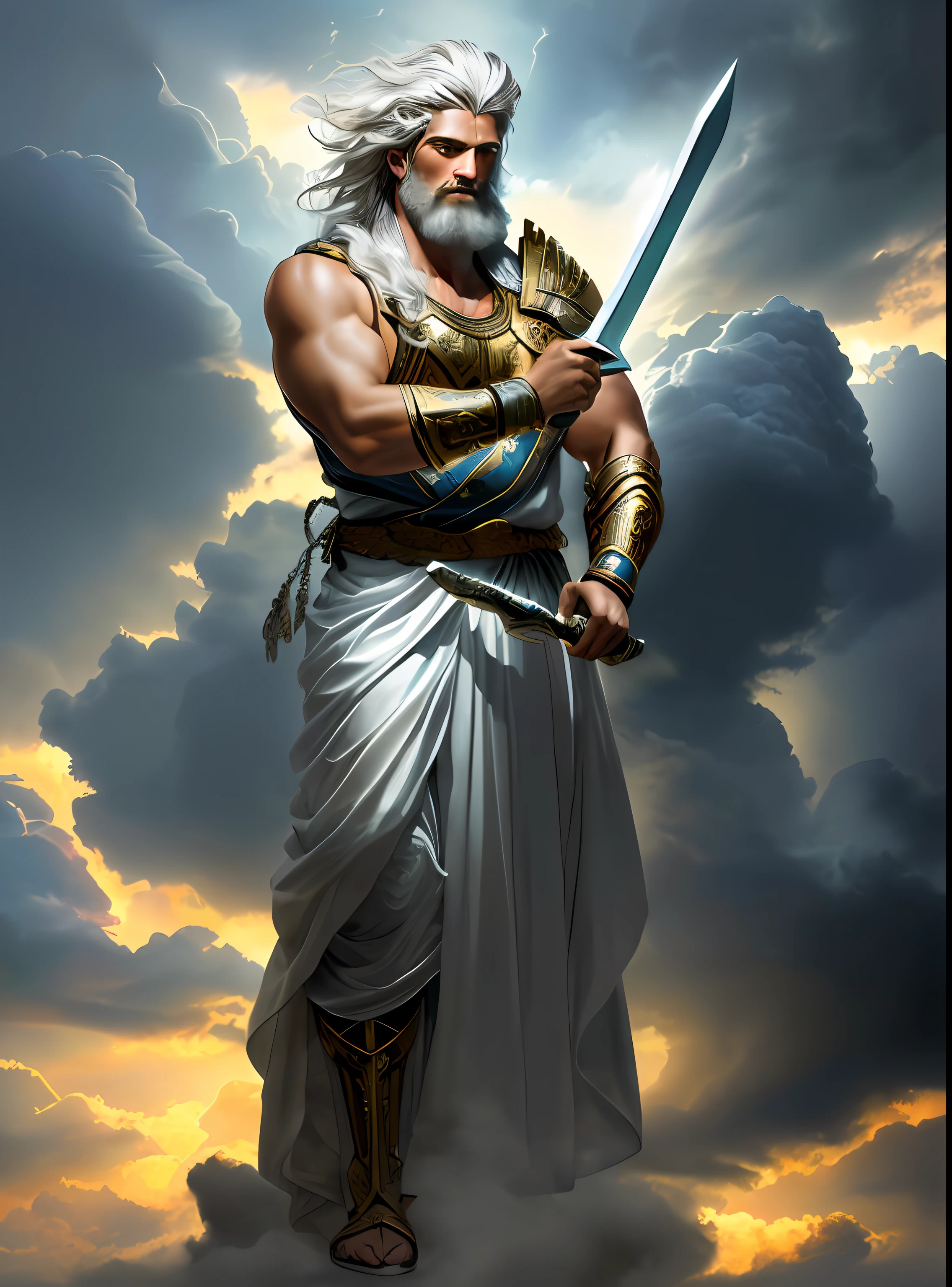 a painting of a man with a sword and armor standing in front of a storm, furious god Zeus, the god zeus, portrait of greek god ares, greek myth digital painting, greek god, painted portrait of rugged zeus, the god poseidon, olympian god, portrait of demigod hercules, legendary god holding spear, epic scene of zeus, the god hermes, Greek clothing, Refrain from exposing your skin, nffsw, 16 K, in 8K, hight resolution