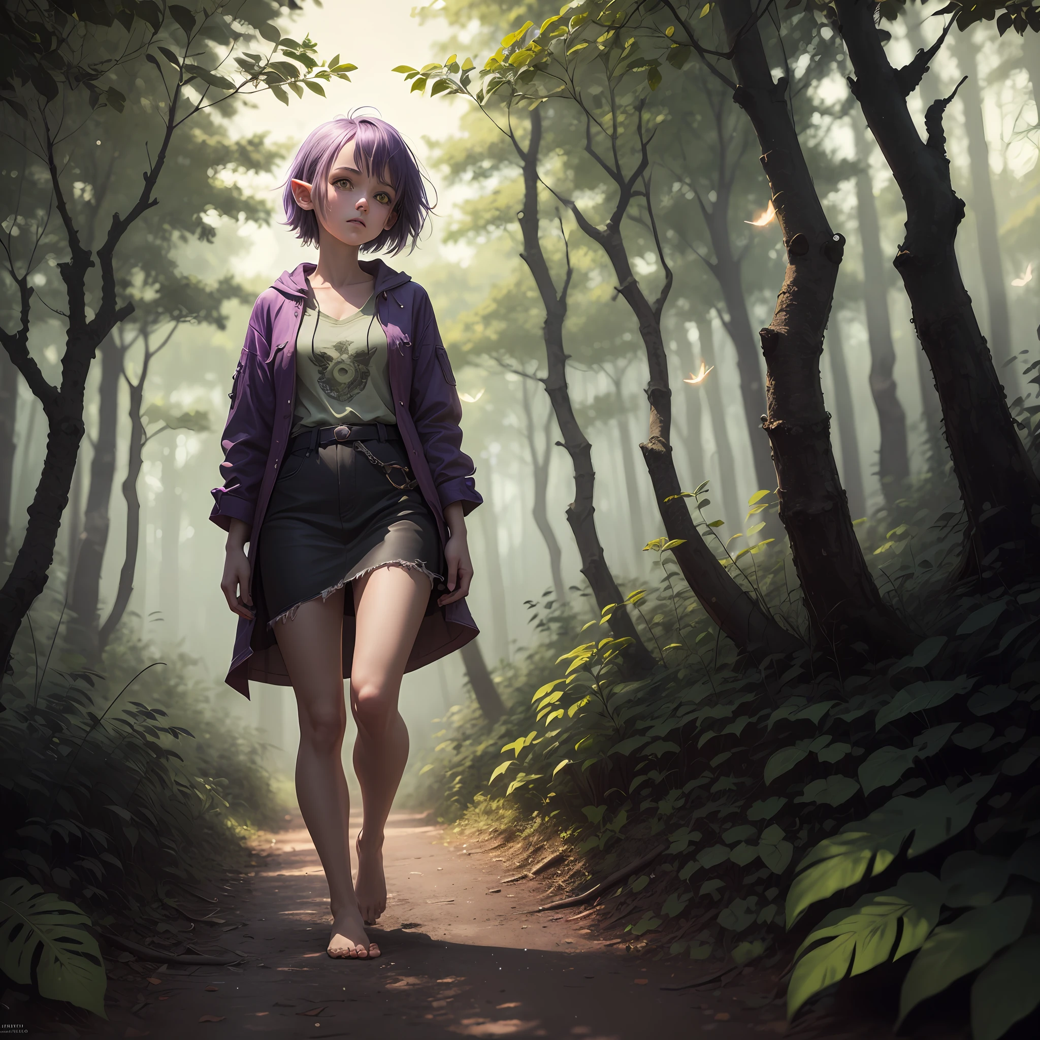 High quality realistic style, full body, single goblin girl, green skin colored, purple hair and yellow eyes, using shredded clothes, bare skin, bare foot,, scouting the surroundings, curious expression, in a Forrest with fireflies and mystical lights.