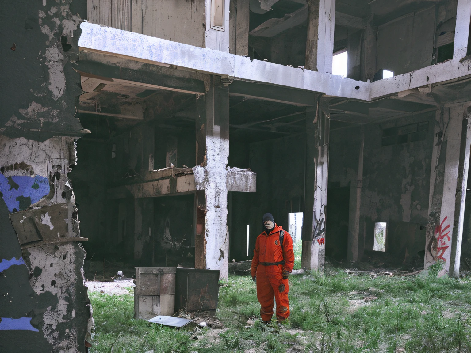 Arad men in red jumpsuits stand in a building with graffiti on the wall, standing in abandoned building, Standing in ruins, Explore the abandoned city, discarded mechsuit in background, in a post apocalyptic setting, Red suit, in a post-apocalyptic wasteland, wearing red attire, Wearing an orange prison jumpsuit, abandoned structures, red jumpsuit, In a desolate abandoned house