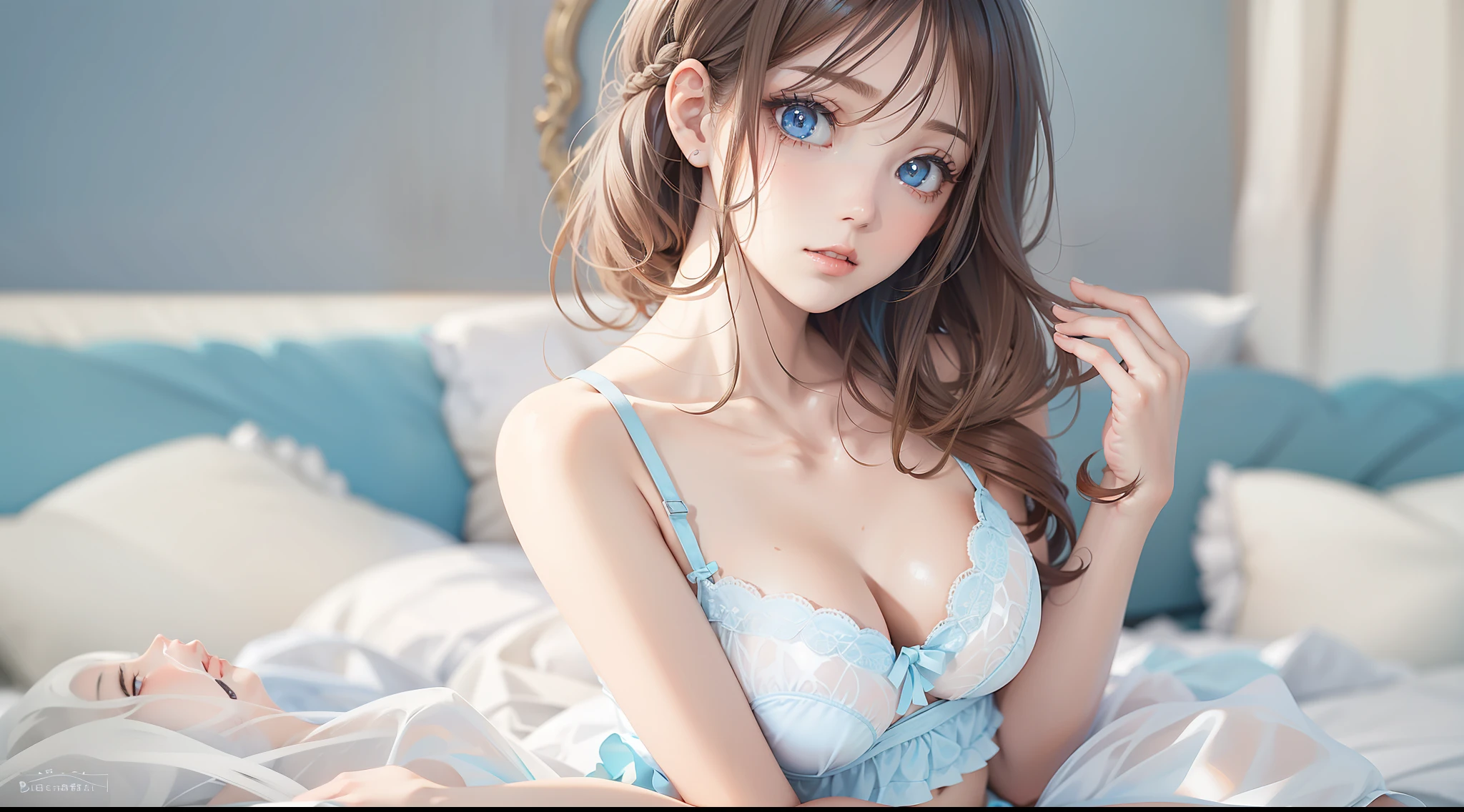 Stylistic image of a woman in light blue and white underwear, on top of the bed,Brown pupils,cabelos preto e longos,Smooth translucent skin, pale milky white porcelain skin, Ruffle your hair, Photorealistic anime, pretty eyes,Lingerie transparent