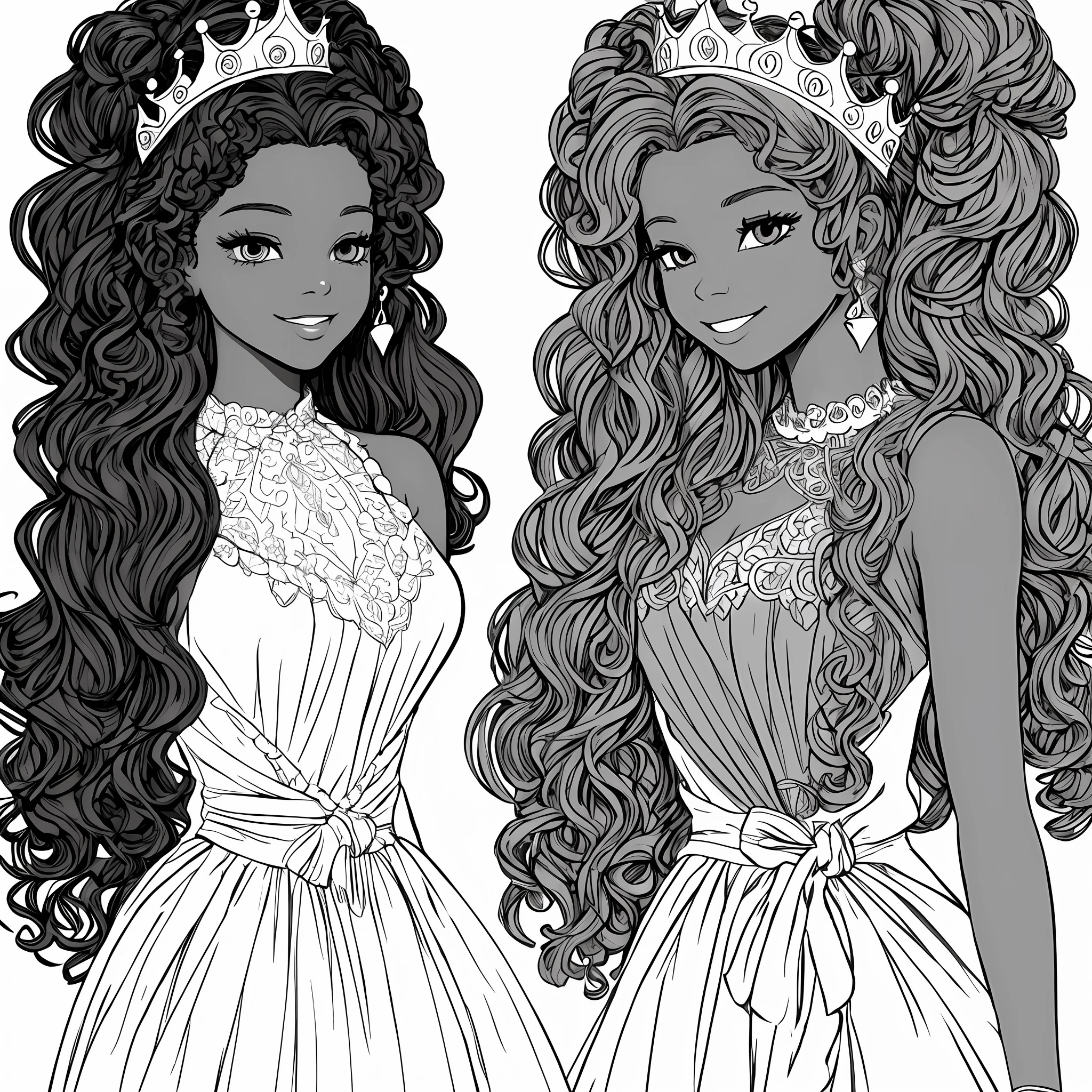 Drawing of a 13-year-old solo black princess with curly hair tied with a crown on her head (coloring book page) desenho estilo Disney 1970 infantil para colorir sem cor sorrindo obra prima (fundo branco) Simple linear strokes to color full body with afro black skin color and white dress for a coloring book page with medium hair masterpiece (vestido detalhado) . White dress variations to color different dresses without color alone white background --auto