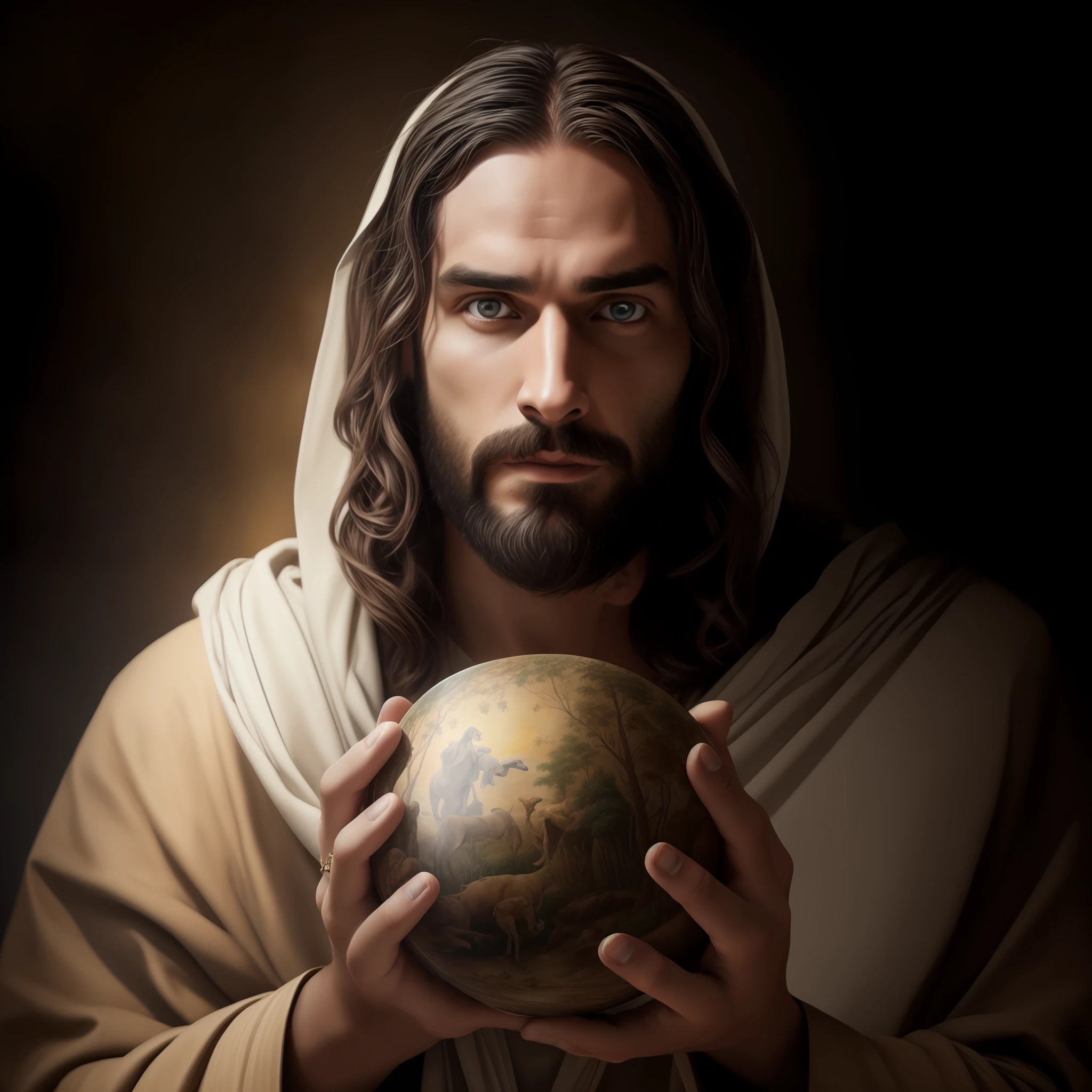 Seth Rollins as Jesus Christ, focus on the details of the face, similar to seth rollins, wearing long beige tunic of Jesus, Jesus style of the Bible, realistic image, background of the heavenly garden image with animals and flowers, best quality, 8k, focus on the details.