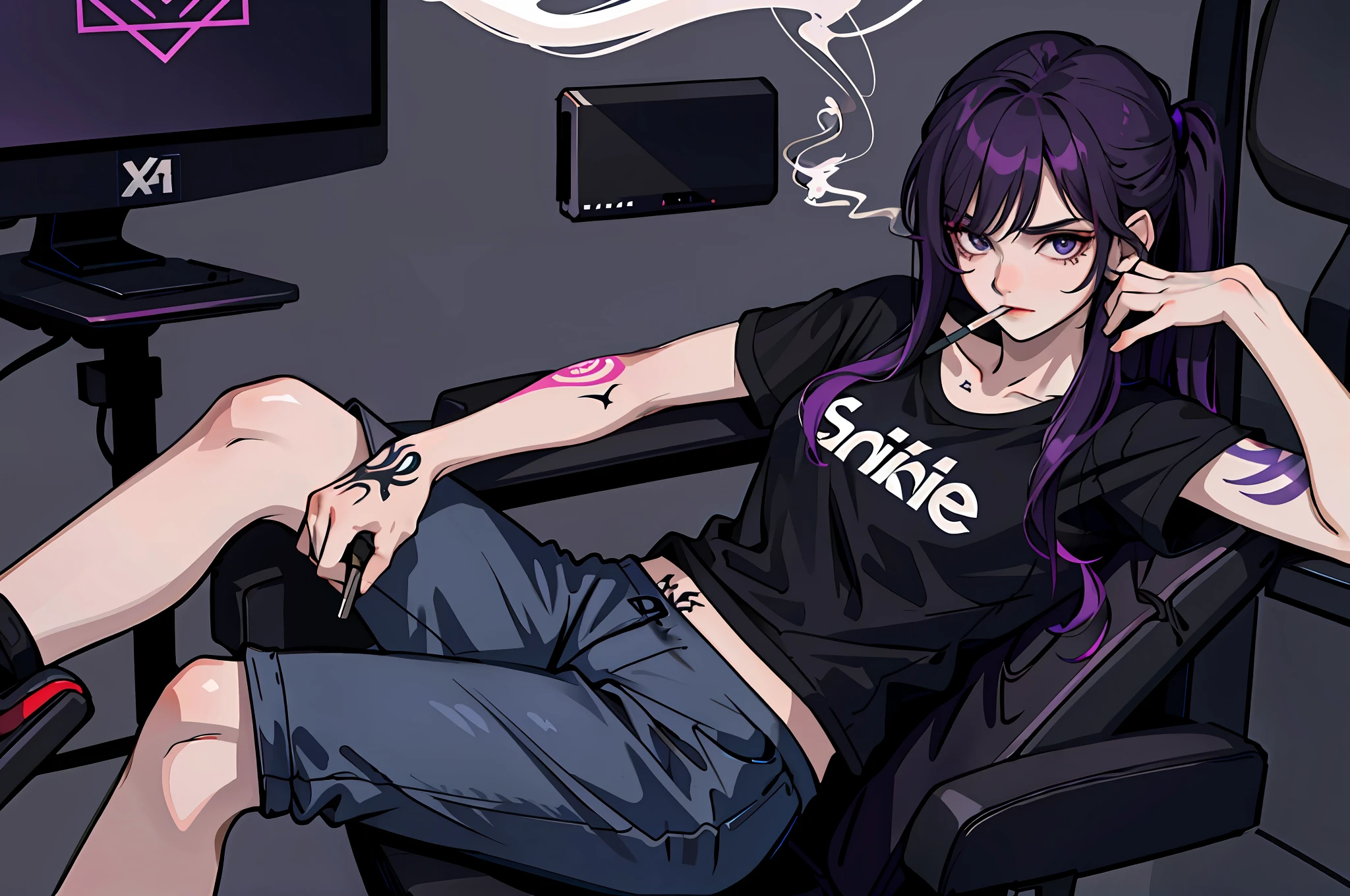 (masterpiece:1.2, best quality), (1girl, solo:1.2), (smoke:1.4), sitting on gaming chair, dead inside, blank eyes, dark violet hair, black T-shirt, sport pants, (tattoos)