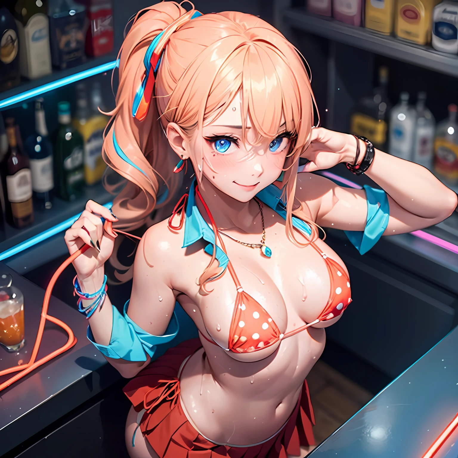 (masutepiece: 1.3), (max resolution: 1.2), (Ultra HDTV: 1.2), cinema lite, Ultra HDTV, (Detailed eyes and skin), (detailed facial features), 8K resolution, Sharp Focus: 1.2, Perfect Style, Beautiful Face, accurate, Anatomically correct, Highly detailed face and skin texture, Detailed eyes, Dark-blue eyes, Double eyelids, Thin eyebrows, (dropped eyes:0.65), (Glitter Eyeliner:1.2), Natural cheeks, ((Sweaty skin:1.3)), (Fair skin:1.2), (something blue neon bracelet:1.2), shiny necklace and earrings, (Glossy lips: 1.4), BREAK, absurderes, One-person viewpoint, (They are Very Cute female bar hostess), (((While Wearing a String micro bikini:1.6))), BREAK, (wear a blazer:1.3), BREAK, ((pleated skirt of Red:1.4)), ((lifted skirt with showing a little string pantie bikini:1.2)), (high heels), BREAK, (shy smile:1.3), ((18 years old, Very Cute and neat girl:1.3)), (high-ponytail hairstyle, Wavy Hair), (((Lightcoral hair:1.4))),, Medium Long Hair, BREAK. (Cowboy shot: 1.2), ((Focus on body:1.2)), medium large breasts, (looking at viewer:1.2), from above, ((Lying on the bar counter)), ((In the super erotic Bar:1.6)), BREAK, ((((Red neon lights:1.3))), (((spot lights:1.2))), (((Very dimly lit store:1.2))),