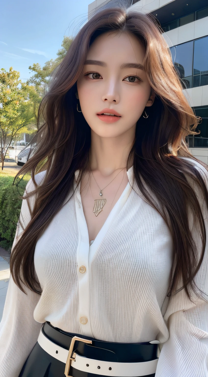 (Best quality, High resolution, Masterpiece :1.3), A tall and pretty woman, Slender abs, Dark brown hair styled in loose waves, Breasts, Wearing pendant, White button up shirt, Belt, Black skirt, (Modern architecture in background), Details exquisitely rendered in the face and skin texture, Detailed eyes, Double eyelid