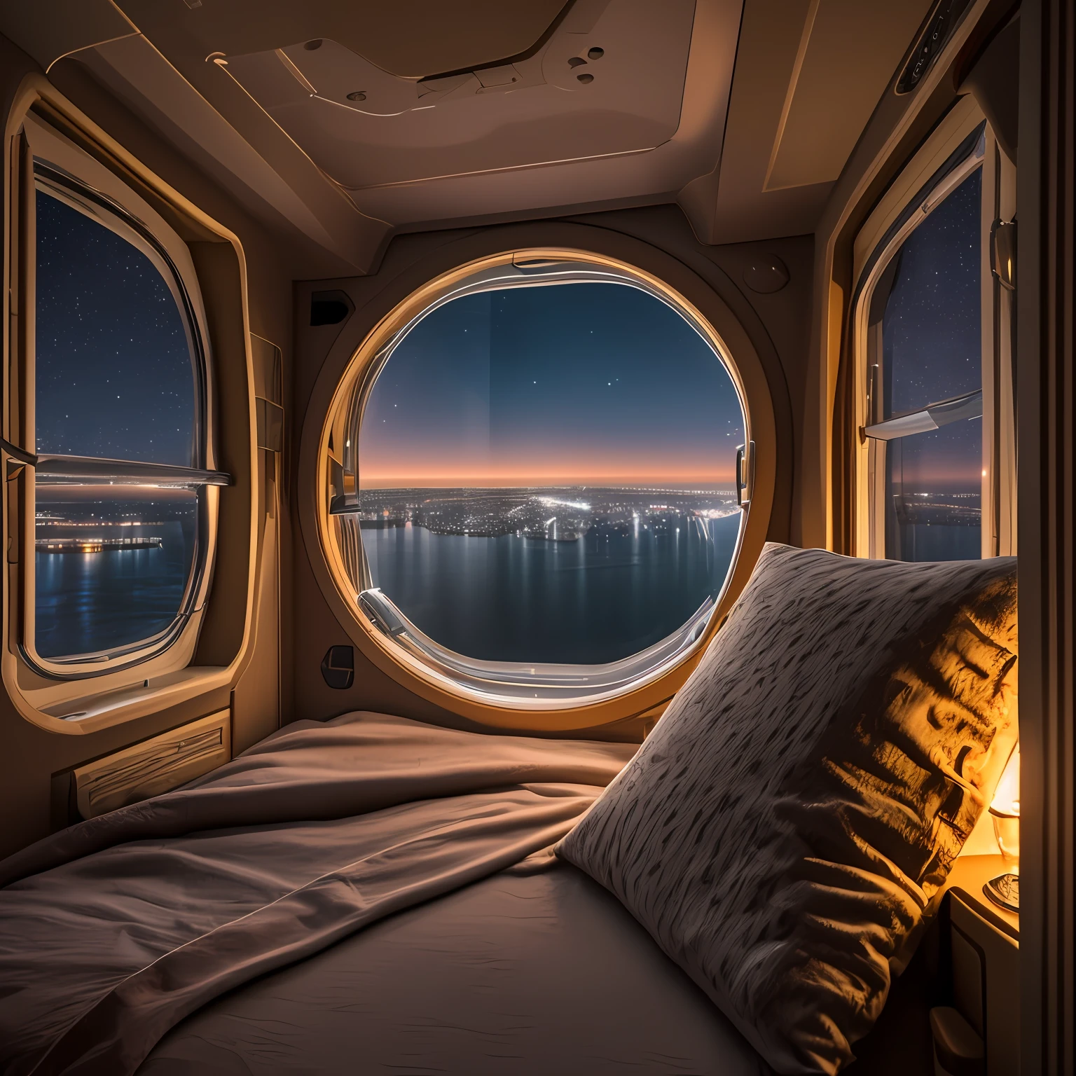 Interior view of an extra terrestrial ship, with a comfortable bed, with a large window seeing a city at night down there, realistic photo in 8K
