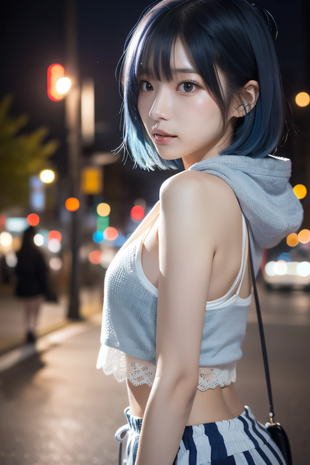 japanaese girl、、Blue-haired、a beautiful detailed girl、extremely detailed eye and face、Beautiful detailed eyes、streetlights、Soft light、(Raw photography、top-quality)、(is looking at the camera)、short-hair、bangss、A look with a sense of justice、城市、TOKYOcty、夏天、mid night、Near future、Sheer hood、Sleeveless、shortpants、、Futomo、middlebreasts、Street fashion、 a closeup , Angle shot from the side , dynamic ungle ,
