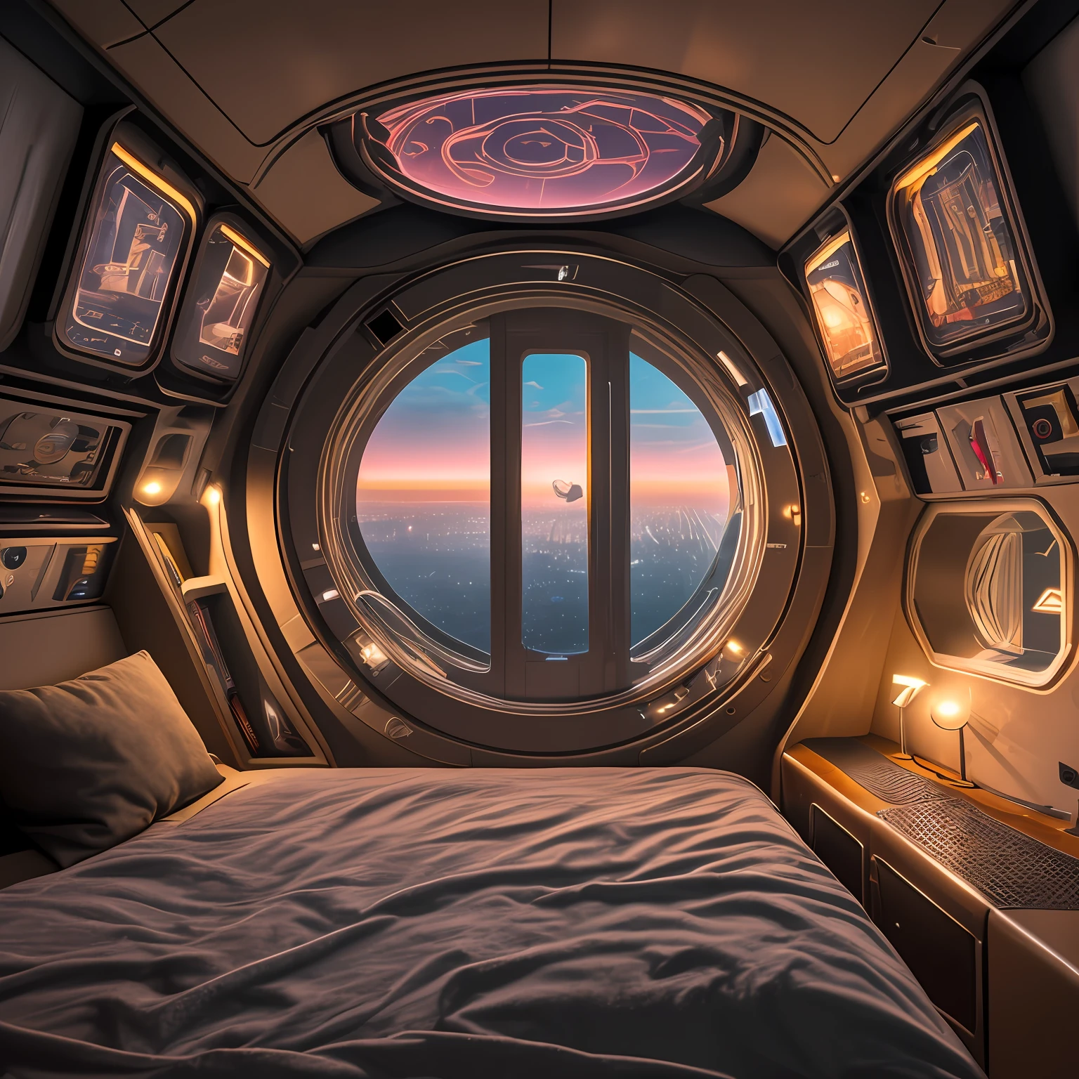 Interior view of an extra terrestrial ship, with a comfortable bed, with a large window seeing a city at night down there, realistic photo in 8K