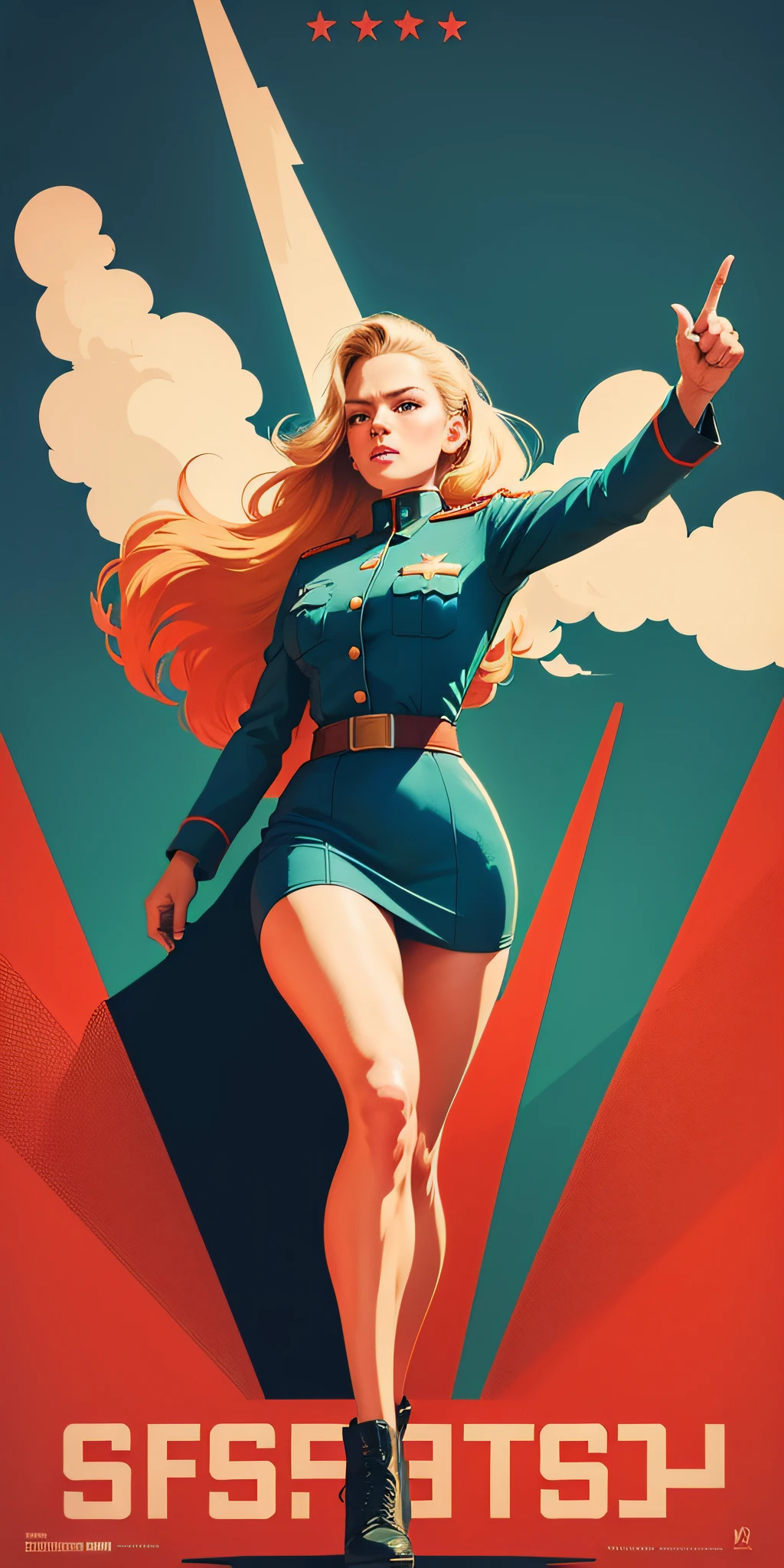 CCCP poster, soviet poster, USSR Flag in background, USSR Poster, Soviet Union poster, October Revolution, ((CCCP Poster, Soviet Poster)) (blond 1 mature girl holding up her hand in the air) propaganda Poster, poster, Soviet flag on pole, blue sky with fighter jet, uniform, 1girl, solo, good body, Poster design, poster art style. 1980s, 1950s, 1960s, basic colour scheme, Very colourful poster, colour art, thirds rule, inspiring, general, military officer, woman, 1 mature girl, hair blowing in the wind, hand high in the air, revolutionary, pointing with finger, red square backdrop, thick legs.