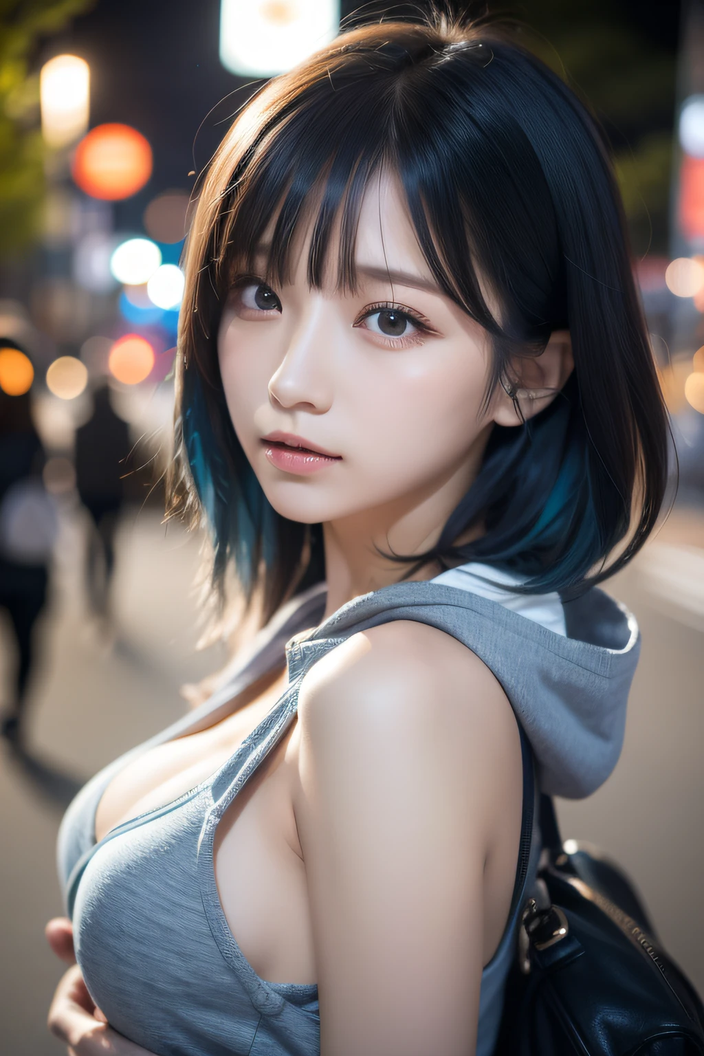 japanaese girl、、Blue-haired、a beautiful detailed girl、extremely detailed eye and face、Beautiful detailed eyes、streetlights、Soft light、（Raw photography、top-quality）、(is looking at the camera)、short-hair、bangss、A look with a sense of justice、城市、TOKYOcty、夏天、mid night、Near future、Sheer hood、Sleeveless、shortpants、、Futomo、middlebreasts、Street fashion、Do not show cleavage