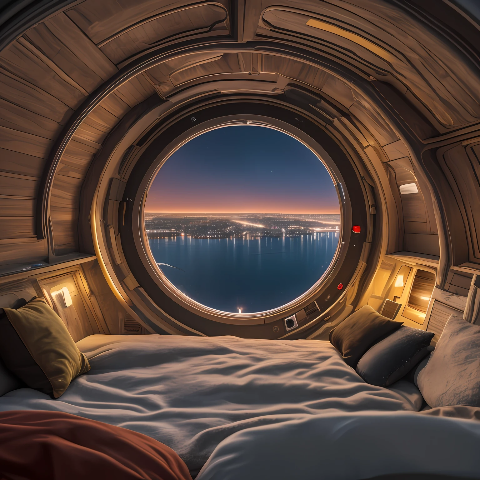Interior view of an extra terrestrial ship, with a comfortable bed, with a large window seeing a city at night down there, realistic photo in 8K