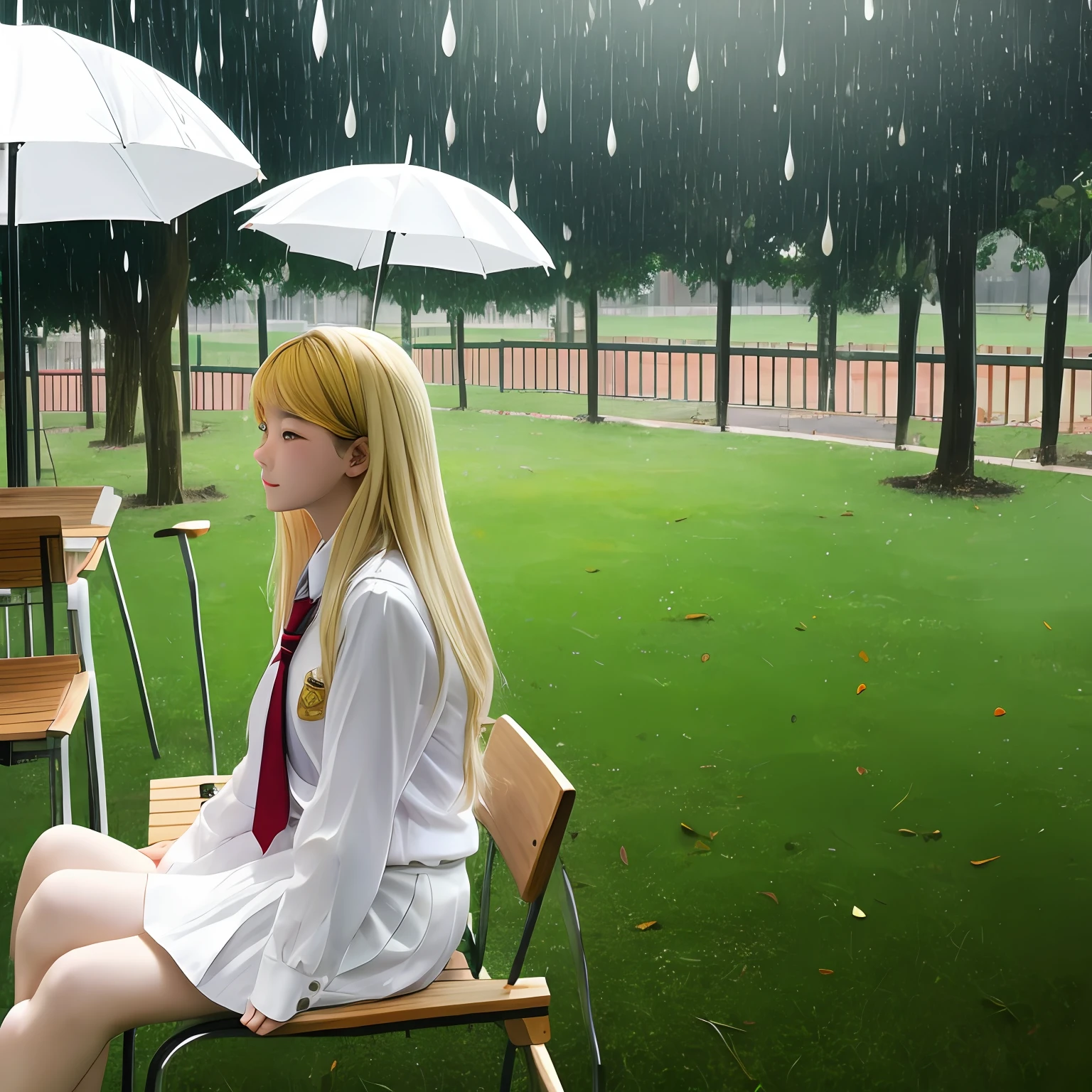schoolgirls,White-colored skin,Golden hair,raining day,Sunnyday