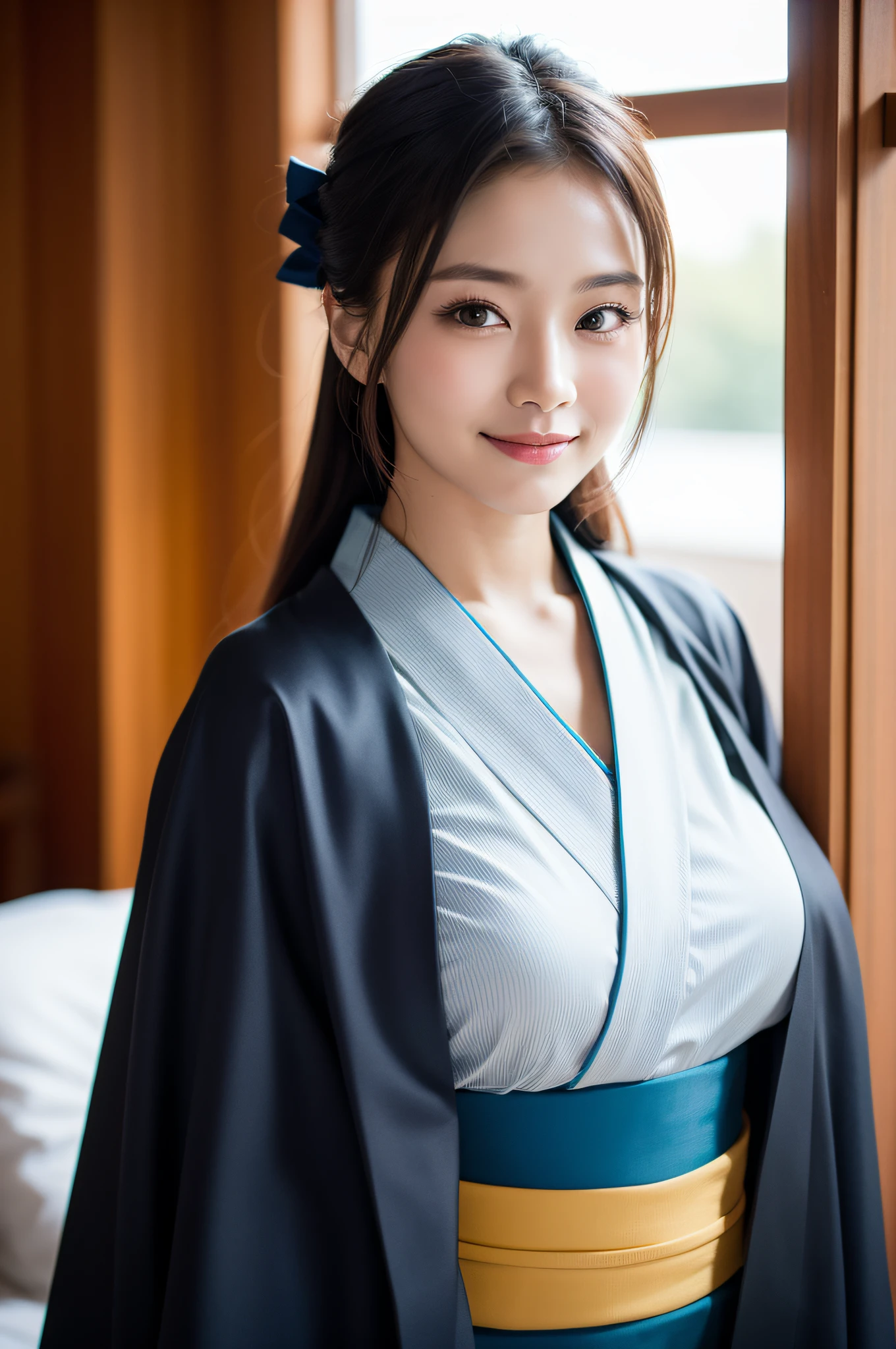 ((top-quality、8K、a masterpiece of:1.3))、foco nítido:1.2、(ultra beautiful faces:1.0)、(Slender Abs Beauty:1.0)、(shinny skin:1.0)、photos realistic、A dark-haired、Video Lighting、High-definition eyes and face、Video Lighting、(cowboy shot:1.3)、(Kimono、Hakama、Obi:1.4)、(Korean Cute Actress)、Traditional kimono、from the front side、medium large breasts、A slight smile