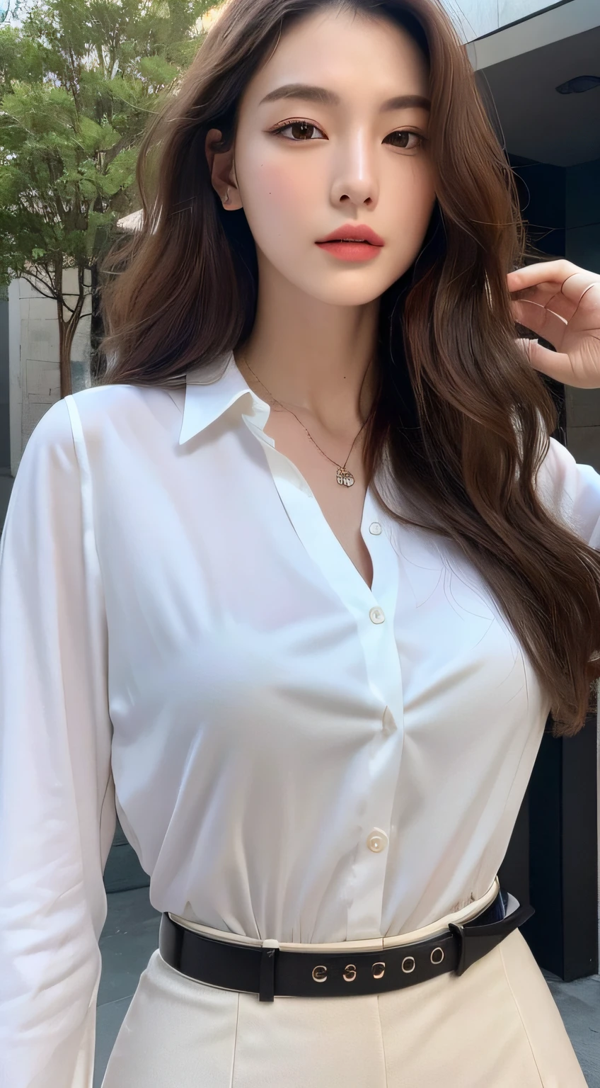 (Best quality, High resolution, Masterpiece :1.3), A tall and pretty woman, Slender abs, Dark brown hair styled in loose waves, Breasts, Wearing pendant, White button up shirt, Belt, Black skirt, (Modern architecture in background), Details exquisitely rendered in the face and skin texture, Detailed eyes, Double eyelid