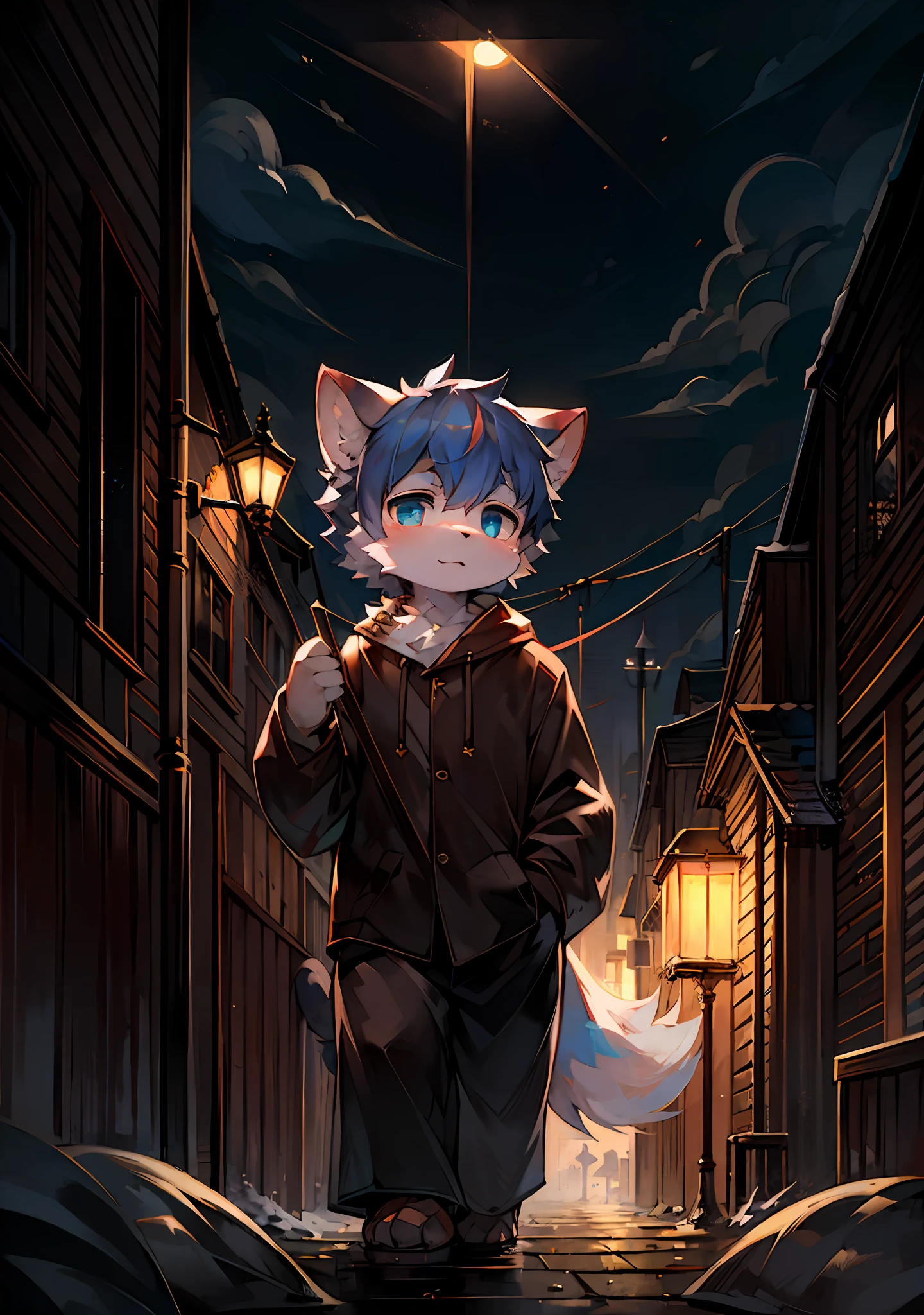 Masterpiece,High quality,abstract res,Digital painting\(artwork of a\), rays of moonlight,full moon,Yupa,Kiyosan,(anthro,Fluffy fur,Character focus:1.1),anthro male cat,Short hair,eyes with brightness, in a panoramic view, Character focus.(detailedbackground:0.7), 独奏, shaggy, shaggy male, Full Body Furry, Fluffy tail, White fur, blue color eyes, Warm hair:1.2), long canines,Gold pattern,城市,neonlight,tall house,Amazing wallpapers,Nordic scene,snowfield, Well-lit building, In the evening in the rain, Beautiful and aesthetic, photography of, cinematic ligh, 8K, high detal