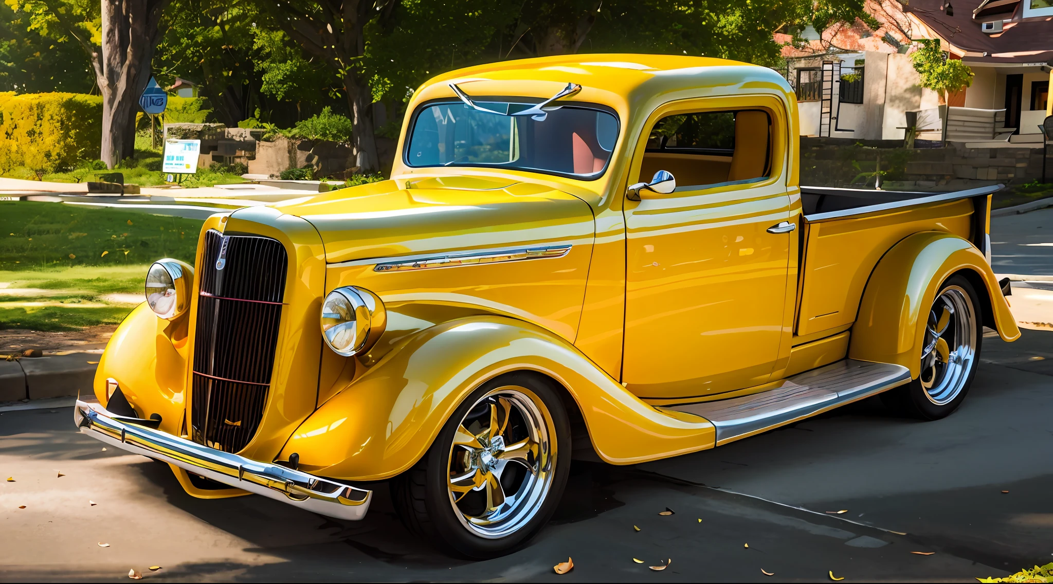 Yellow truck parked on the shoulder in front of a house, 1936, 1 9 3 6, 1 9 3 5, 1935, Restomod, classic cars, amarelo brilhante, 1 9 3 7, front-end longo, Amarelado,ultra-detalhado,fotorrealista, 4k